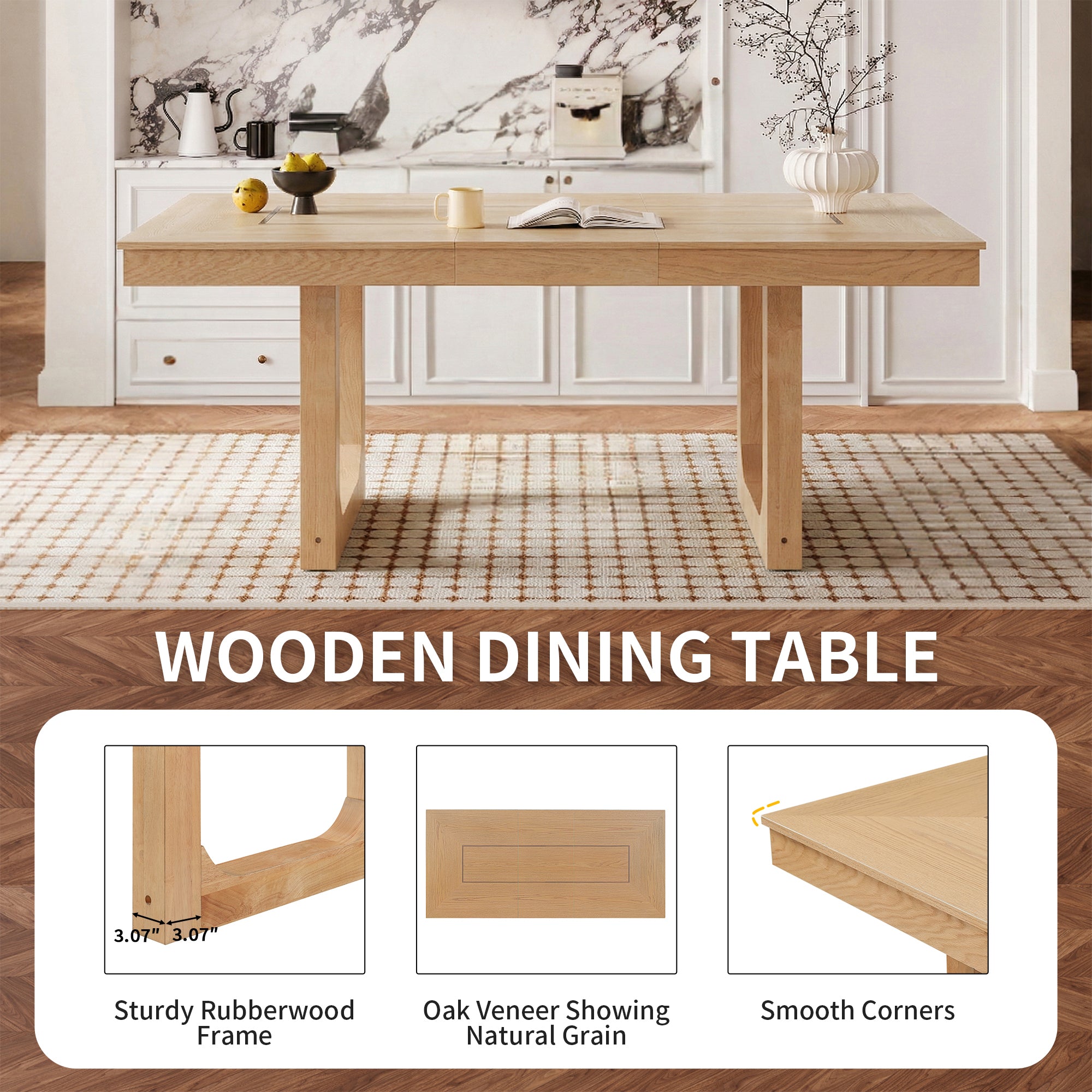 Feature graphic showing solid wood frame, oak veneer grain, and smooth corners of the dining table