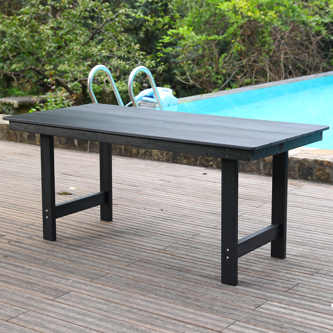 Black HDPE Outdoor Dining Table with Umbrella Hole, 66.9 in Wide