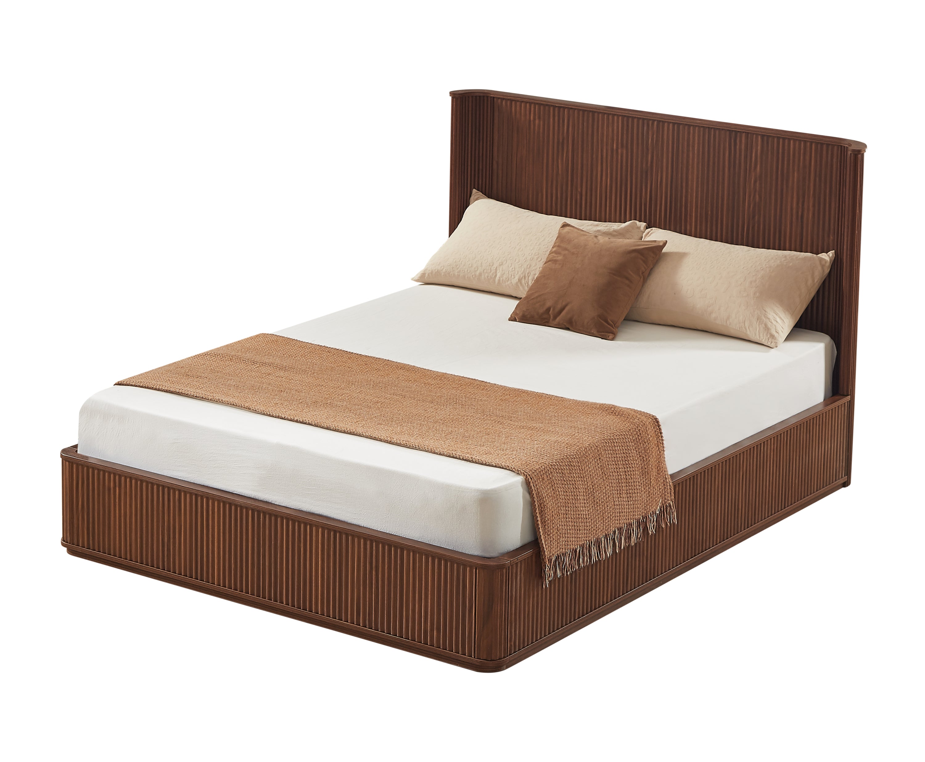 Studio angle of the walnut tall queen bed frame on white, fluted headboard, footboard and mattress with pillows #Color_Walnut