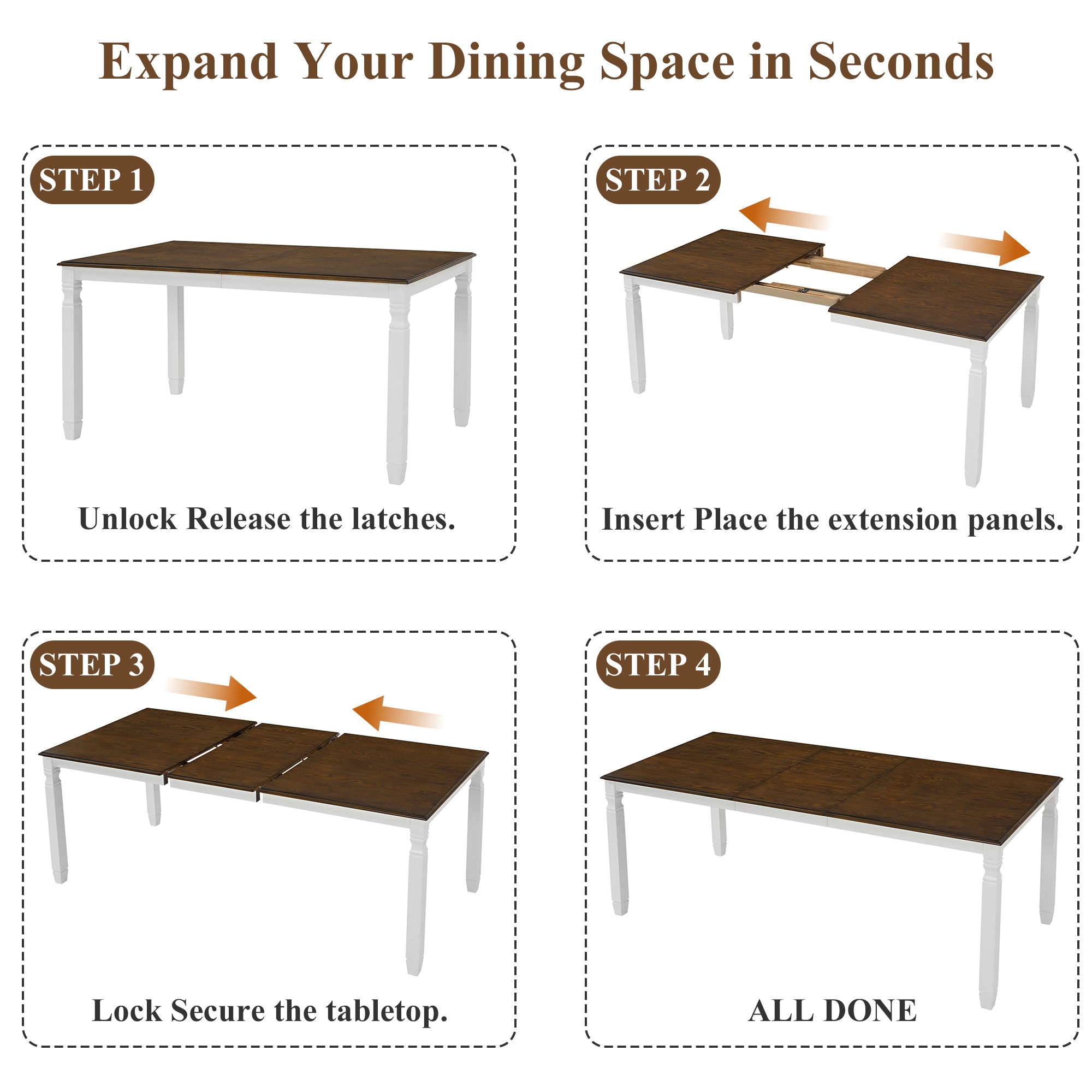 Four-step graphic showing how to extend the dining table by unlocking latches, inserting panels, and locking
