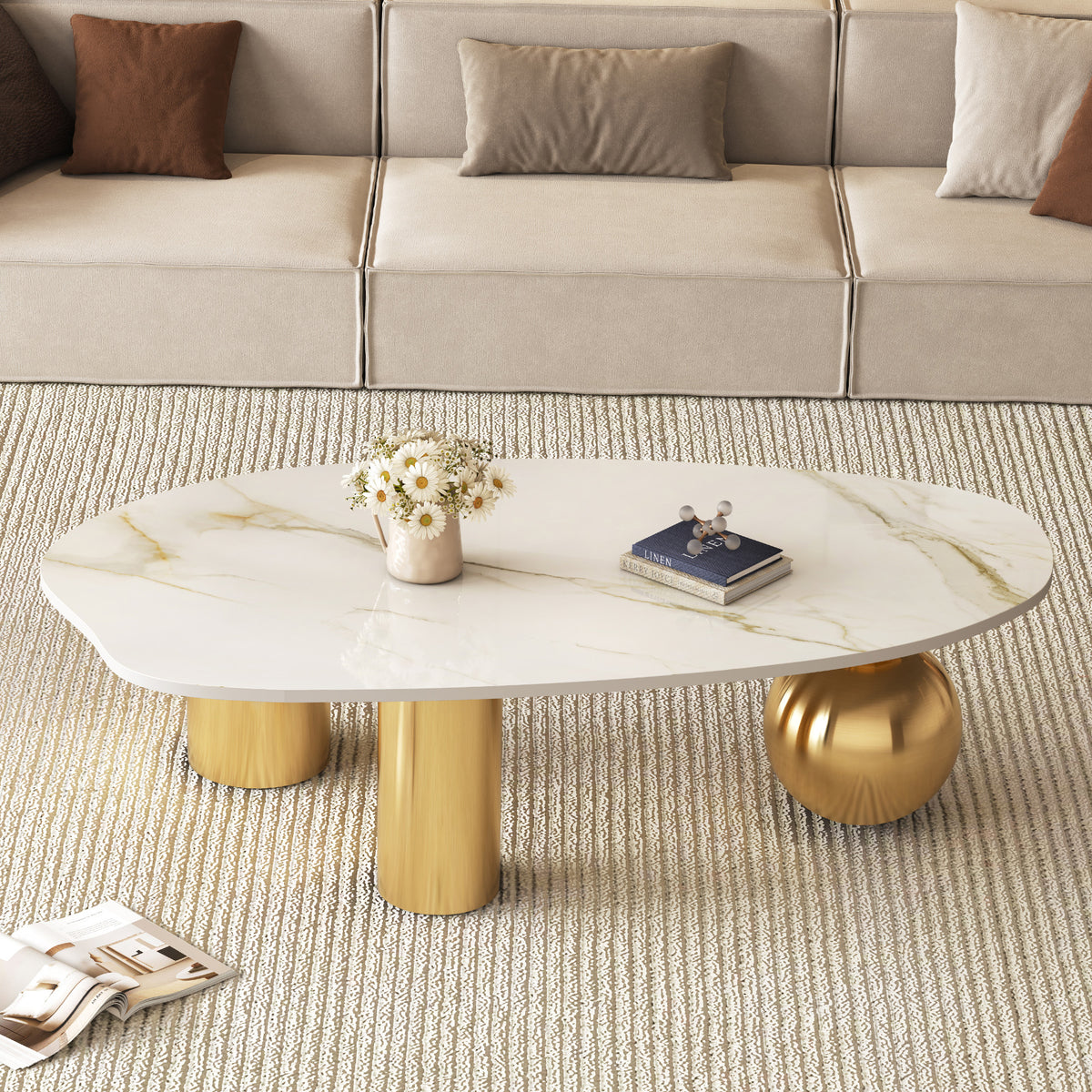 White and Gold Sintered Stone Free-Form Coffee Table, 49.2 in