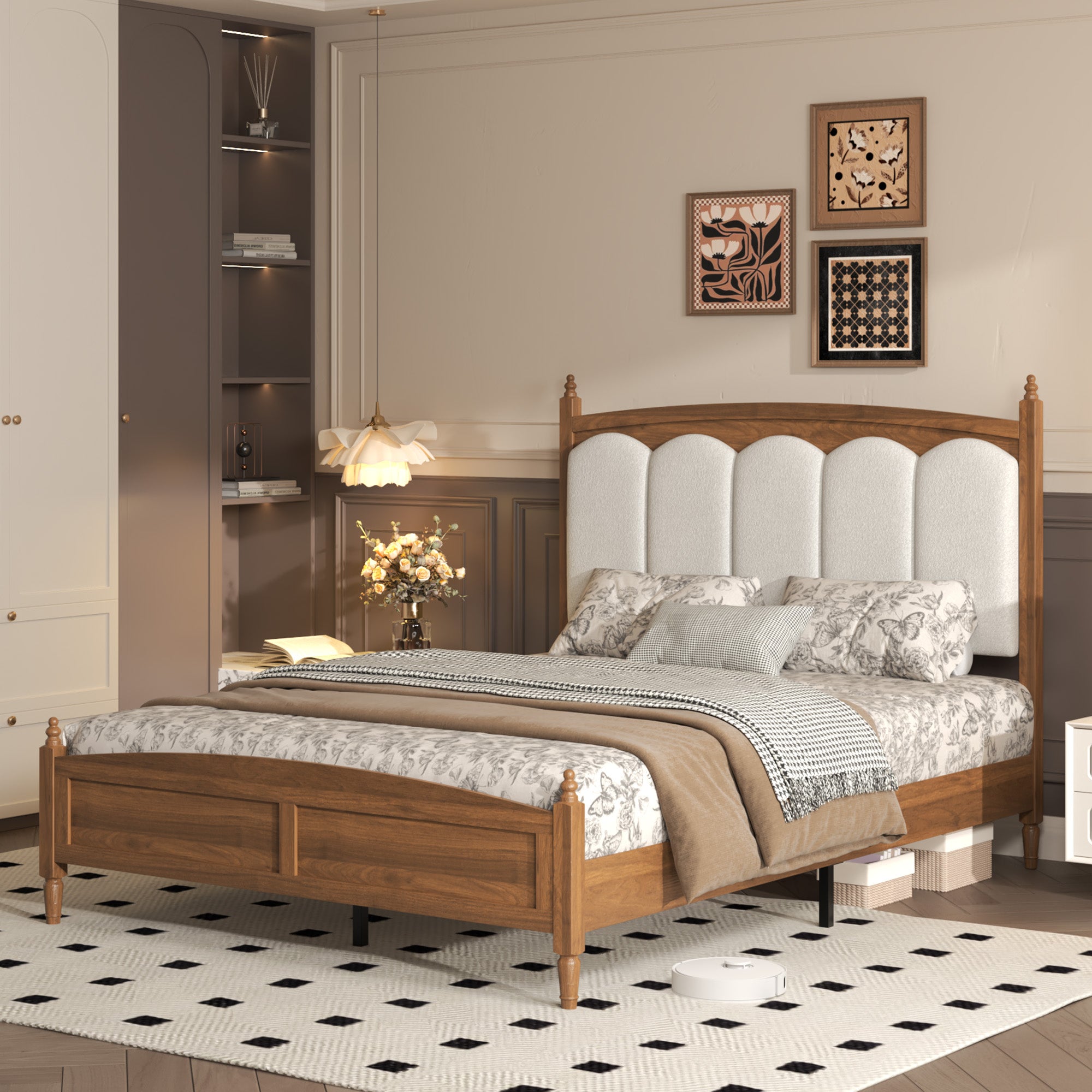 Vintage brown wood queen bed frame with cream padded arched headboard and turned posts, styled front view
