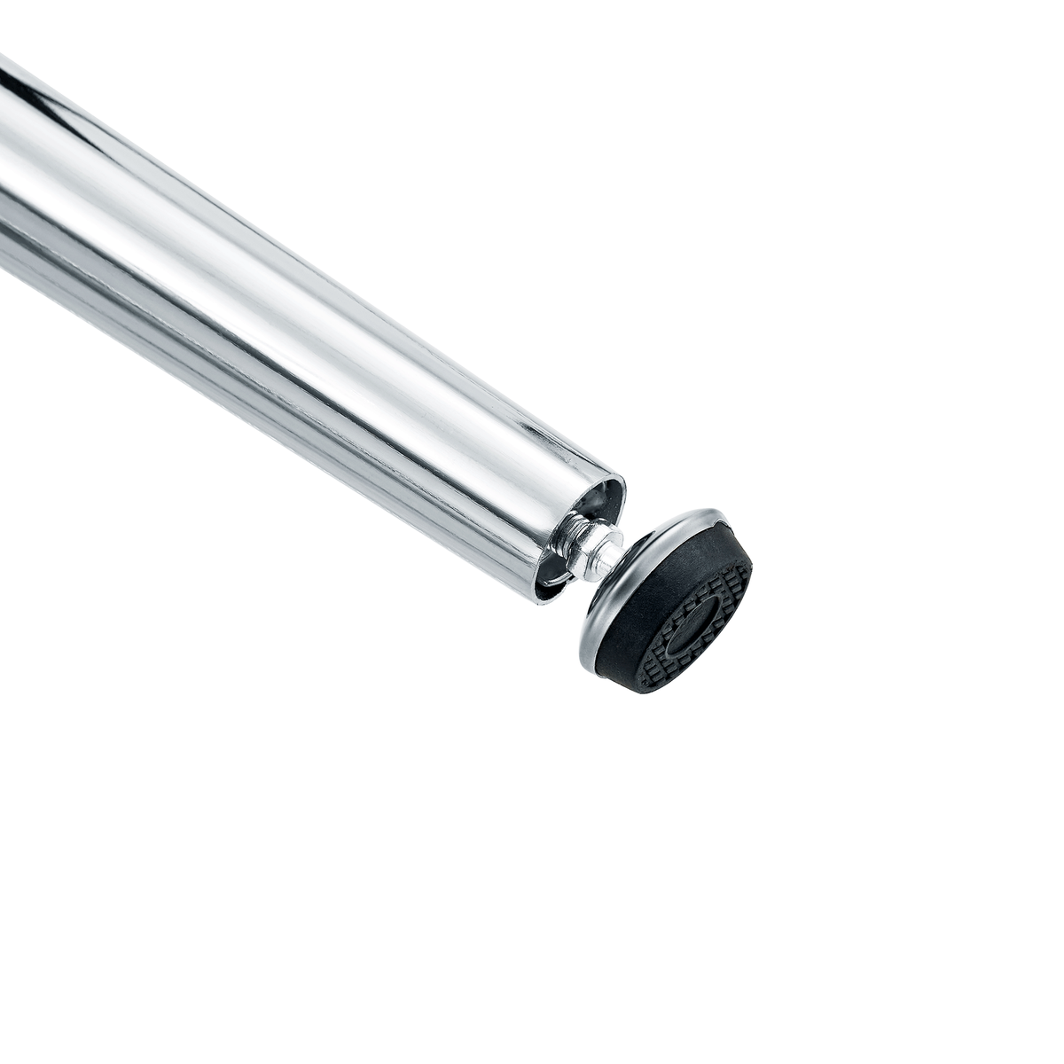 Studio close-up of a chrome leg end fitted with a black non-slip foot pad