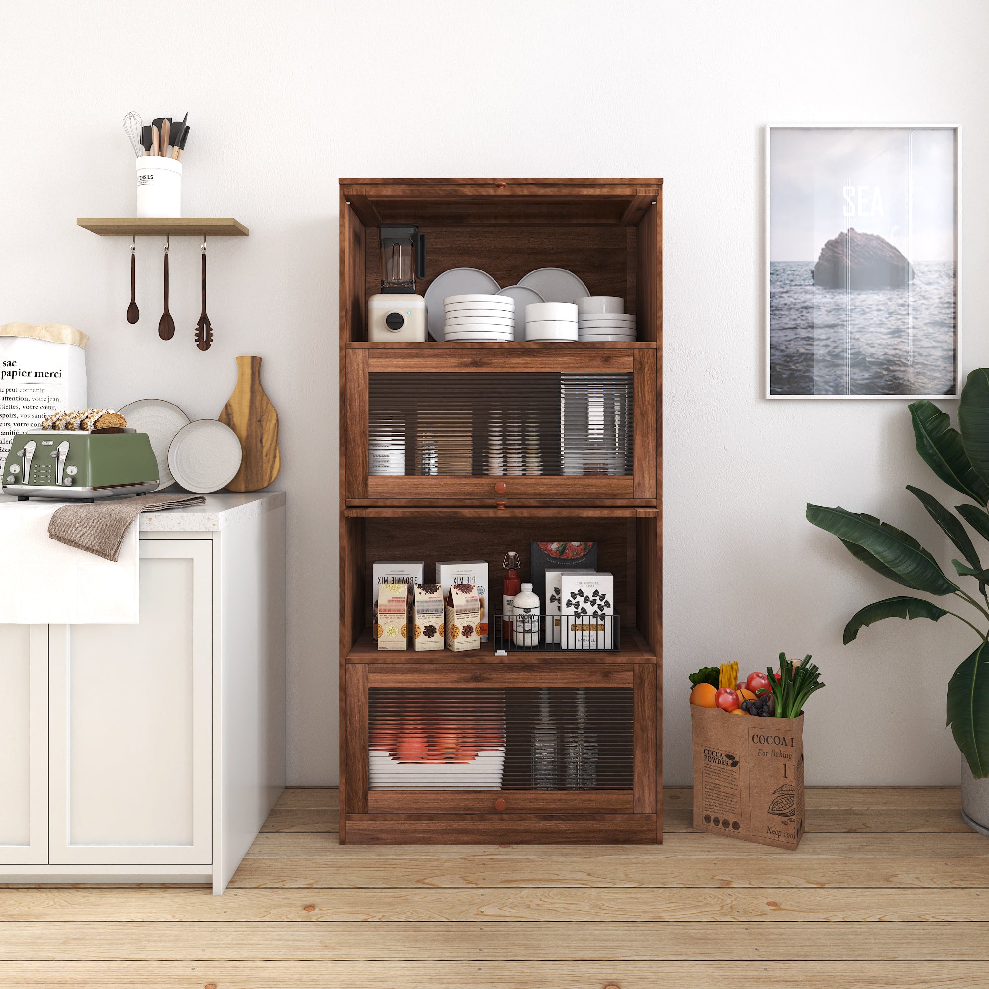 Contemporary Storage Cabinet, Glass Doors, 4 Tiers, 61.8 in Tall, Walnut
