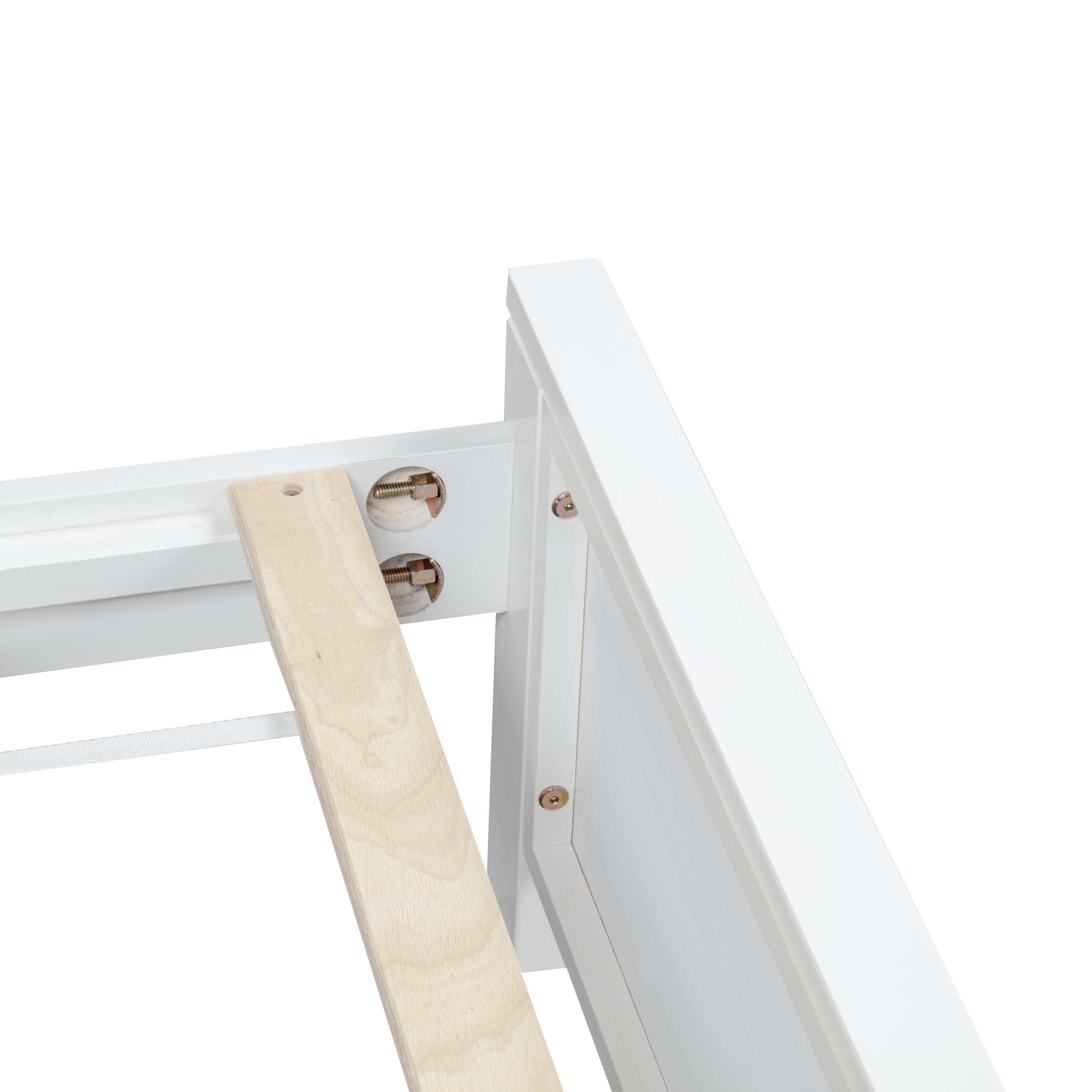 Close-up of a white corner leg and rail fixed with cam bolts and a wood slat