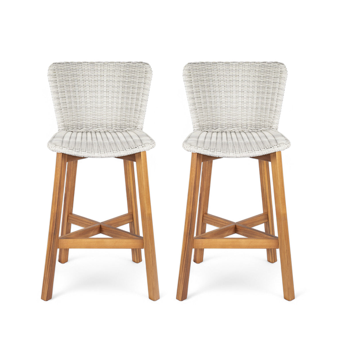 Teak Finish Solid Wood Outdoor Bar Stool, Set of 2, White Wicker