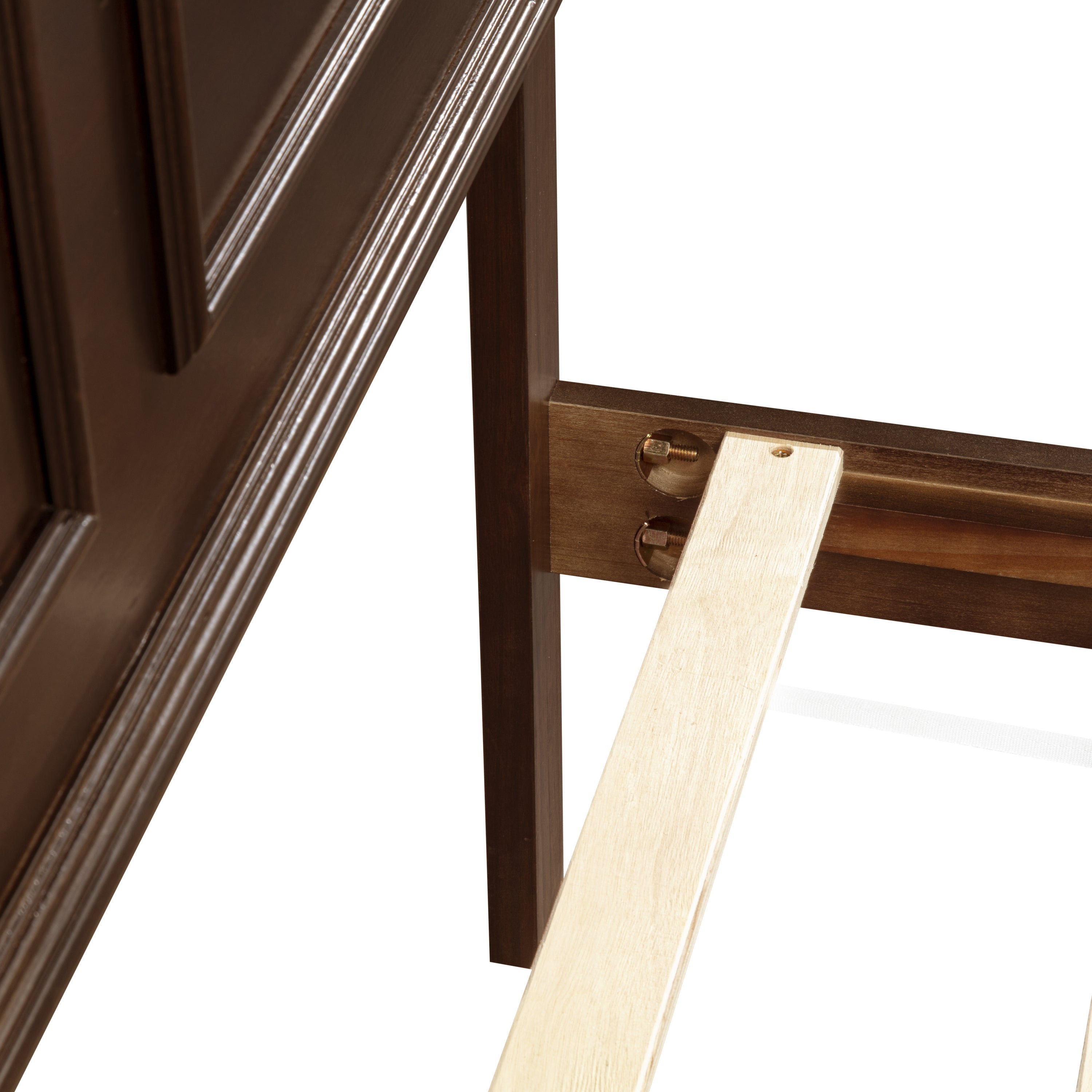 Closeup of rich brown side rail bolt connection with a light wood slat #Color_Rich Brown