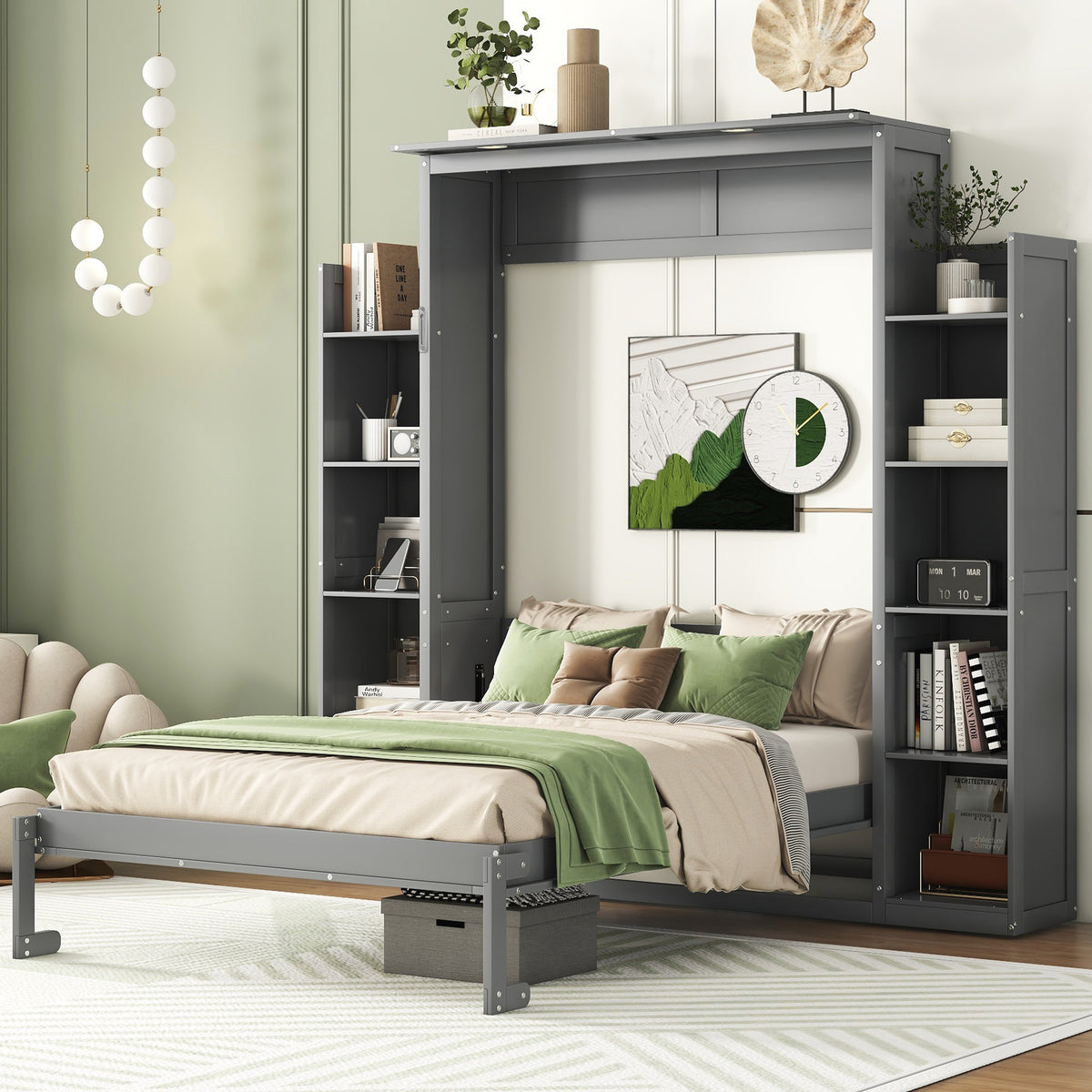Murphy Bed with Shelves and LED Lights, Gray