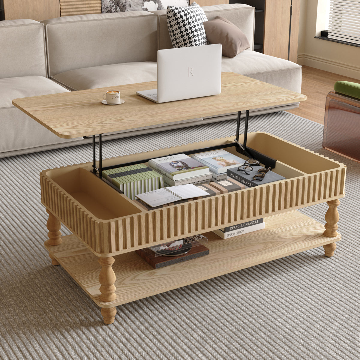 Natural Farmhouse Fluted Lift-Top Coffee Table with Shelf, 47.2 in
