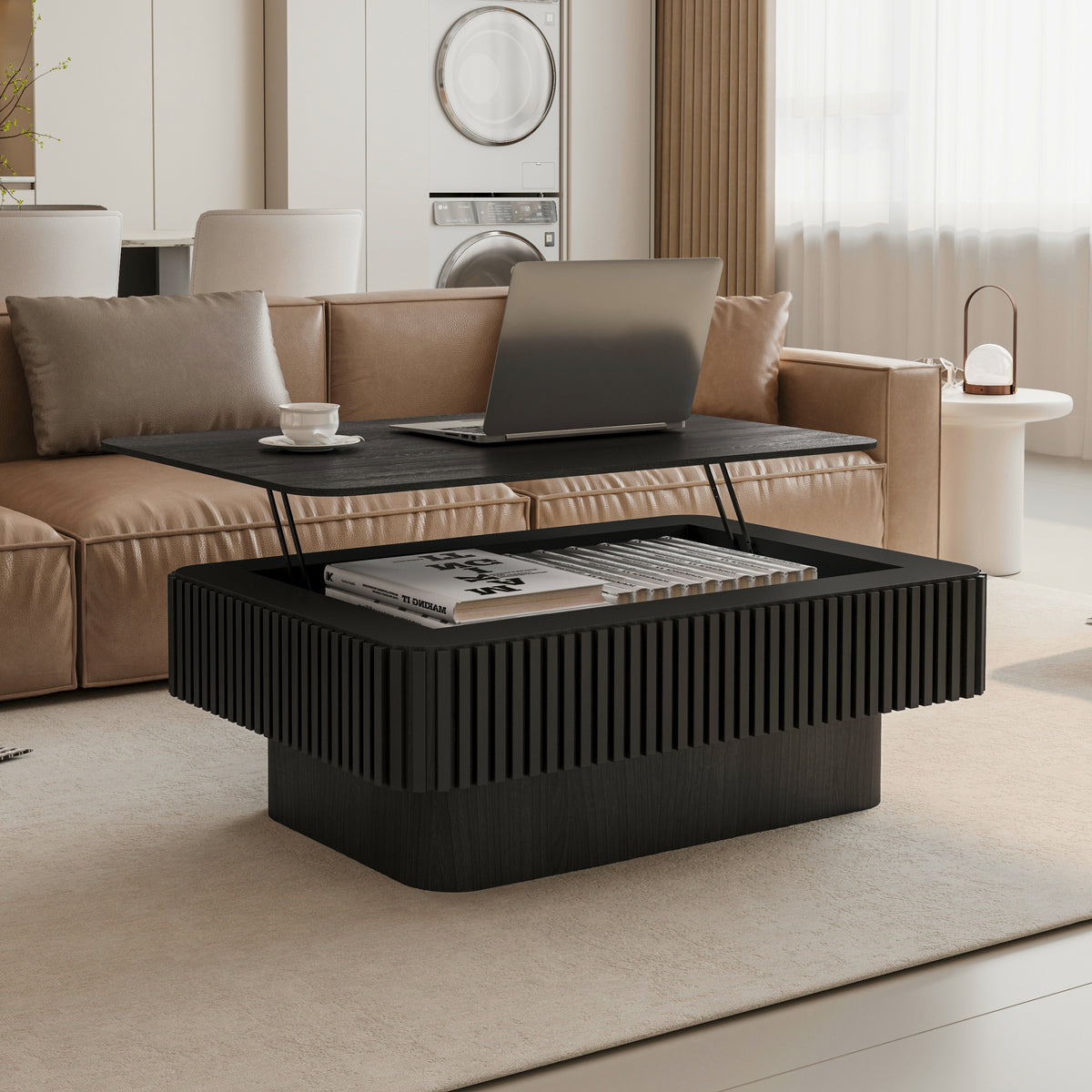 Black Fluted Rectangular Lift-Top Coffee Table with Storage, 38.6 in