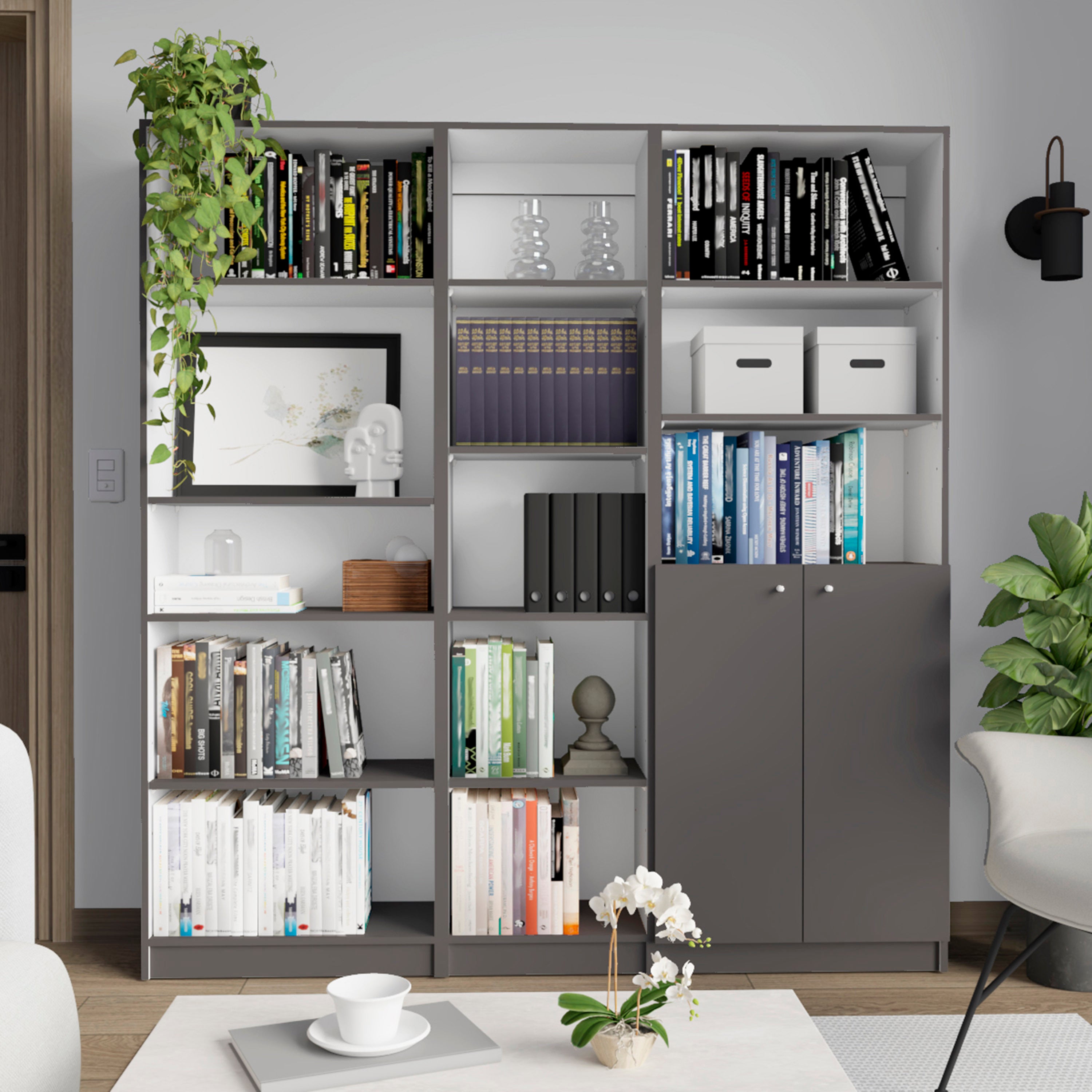 Modern Bookcase, 2 Doors, 71.1 in Tall, Matte Gray