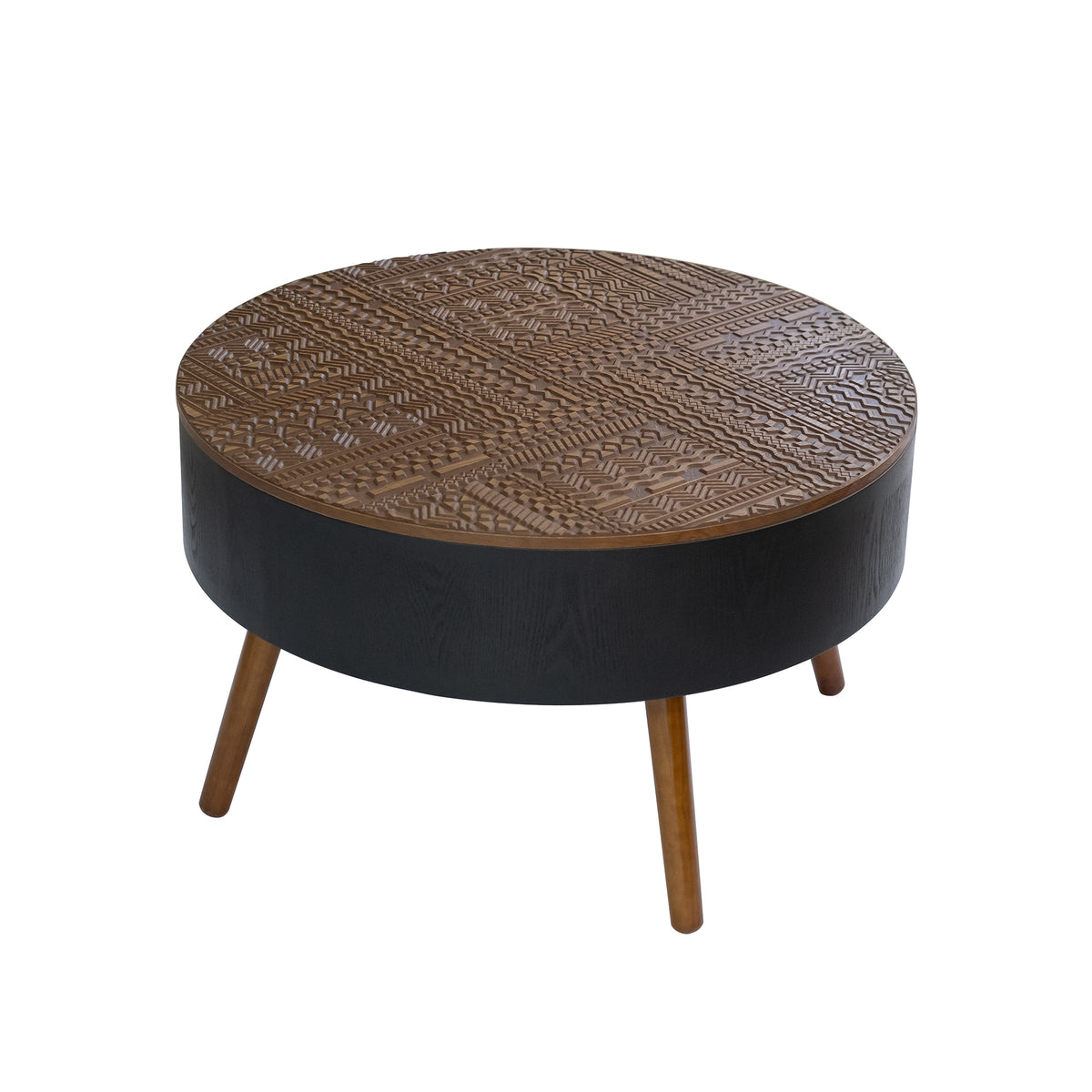 Black and Brown Round Carved-Top Coffee Table with Storage, 31.5 in