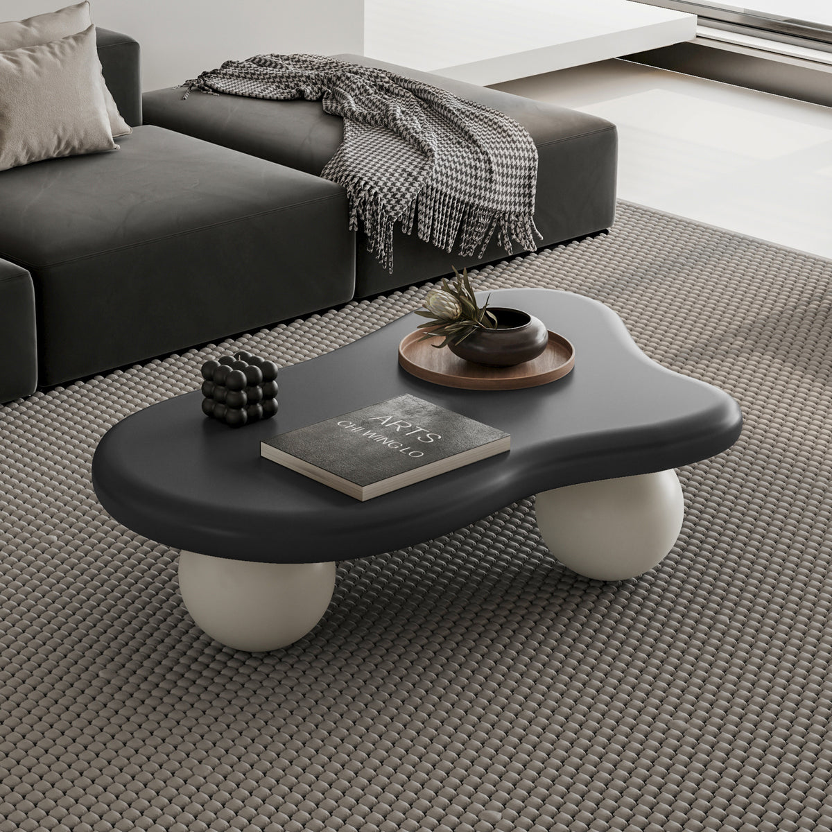 Black and White Organic-Shaped Ball-Leg Coffee Table, 40 in