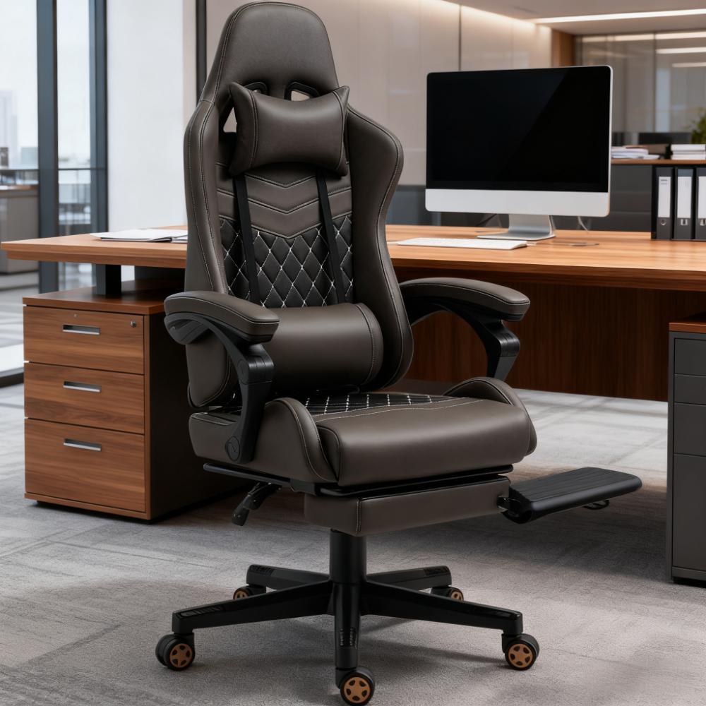 Brown Vegan Leather Office Chair, Footrest, Reclining, 264 lb