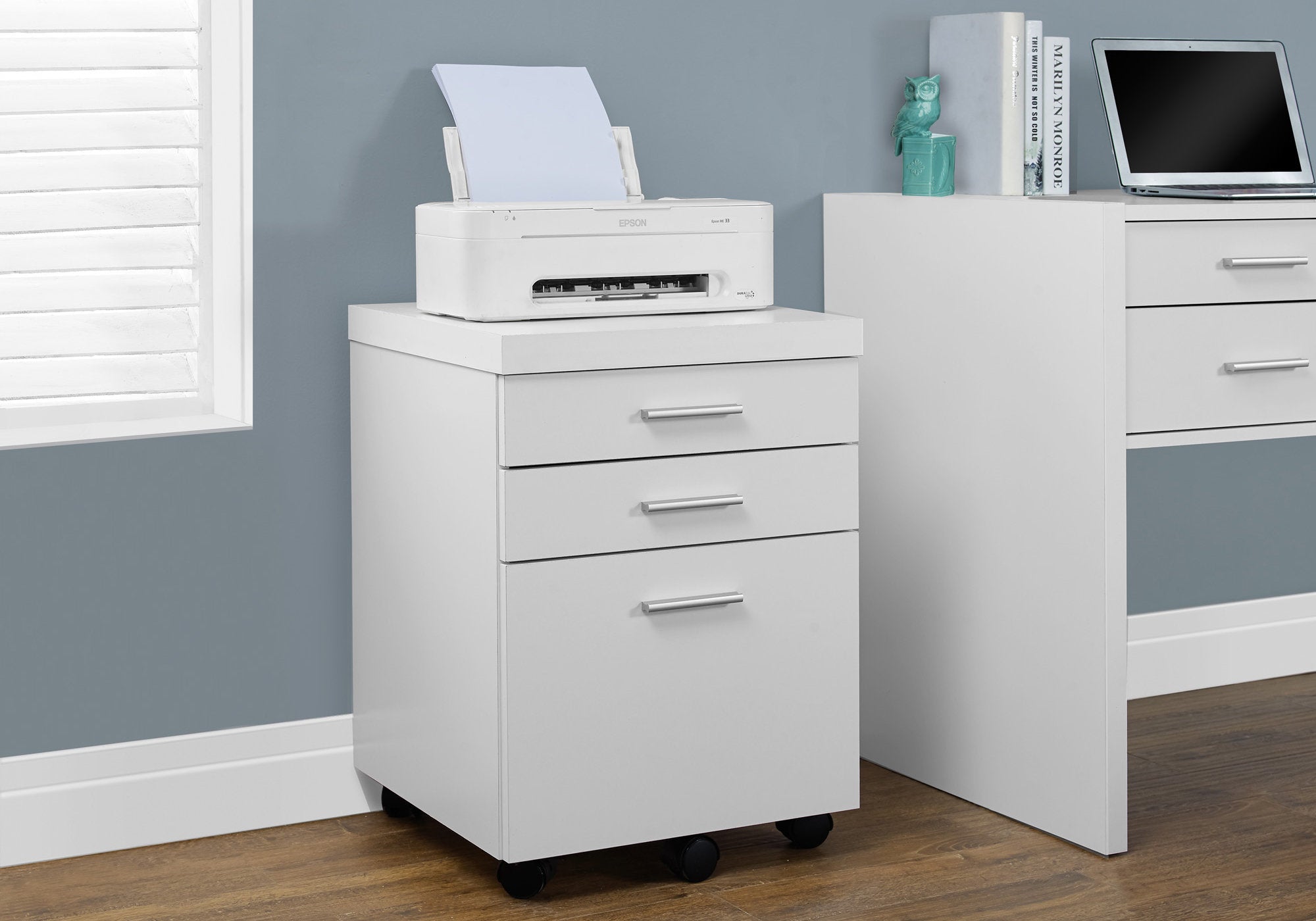 Contemporary Printer Stand, 3 Drawers, 25.3 in Tall, White
