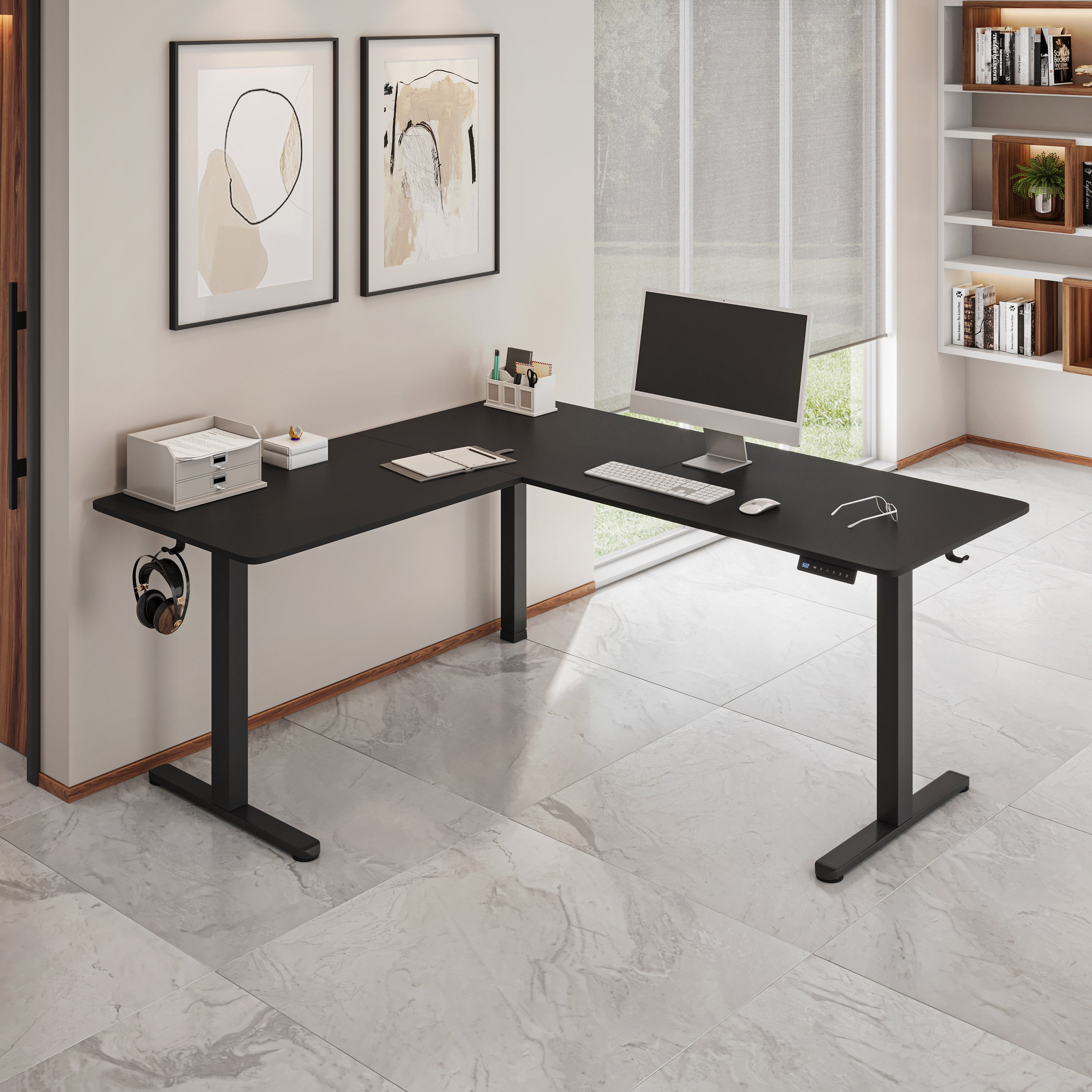 Industrial Electric Standing Desk, L-Shaped, 3 Memory Presets, 63 in, Black