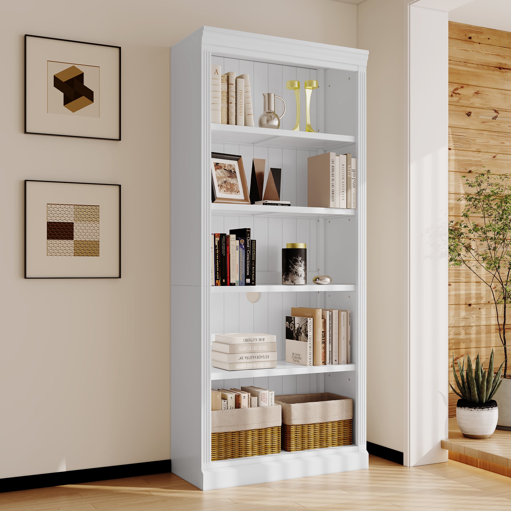 Solid Wood Bookcase, 5 Adjustable Shelves, 83.4 in Tall, 35.8 in Wide