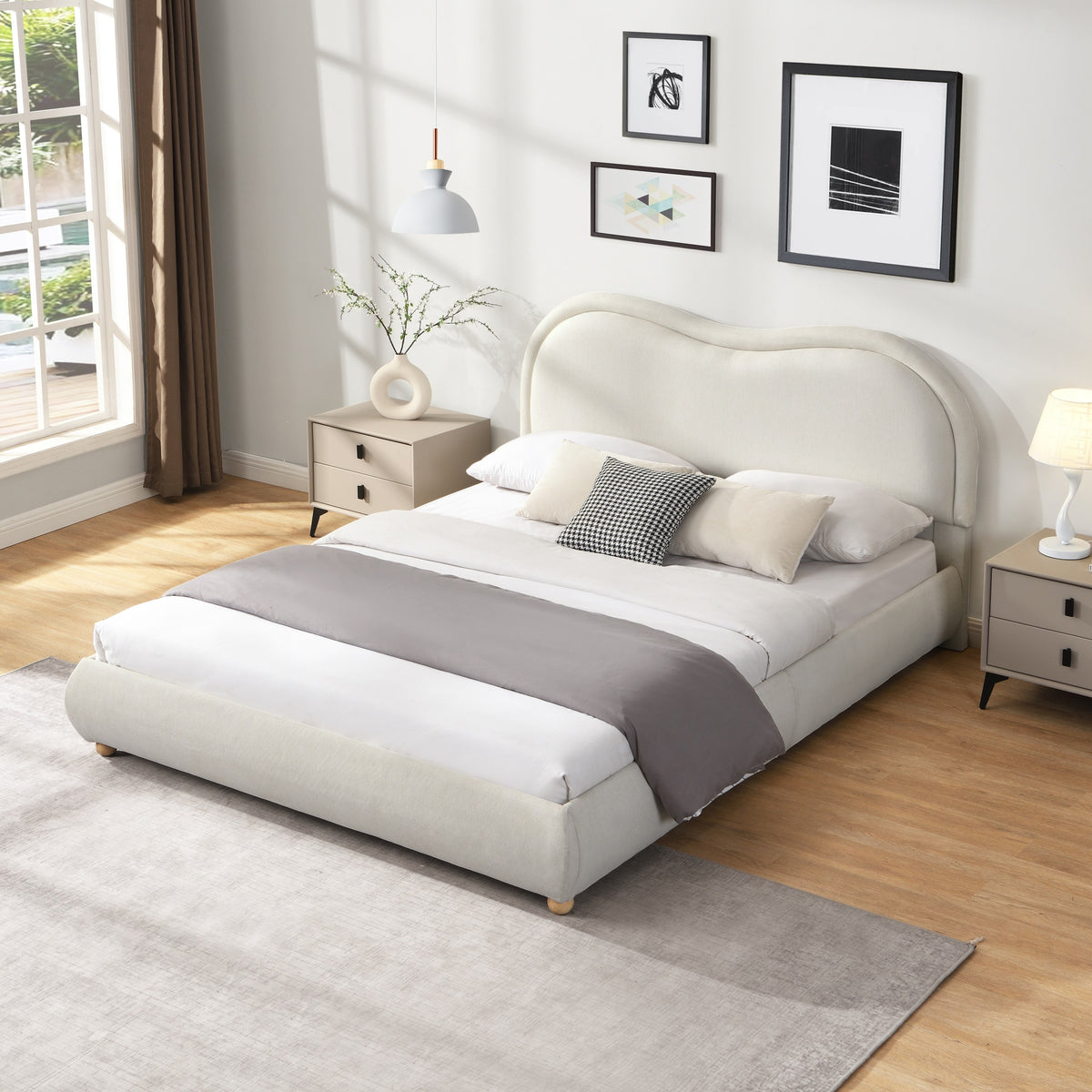 Beige chenille queen platform bed diagram with dimension measurements on white background