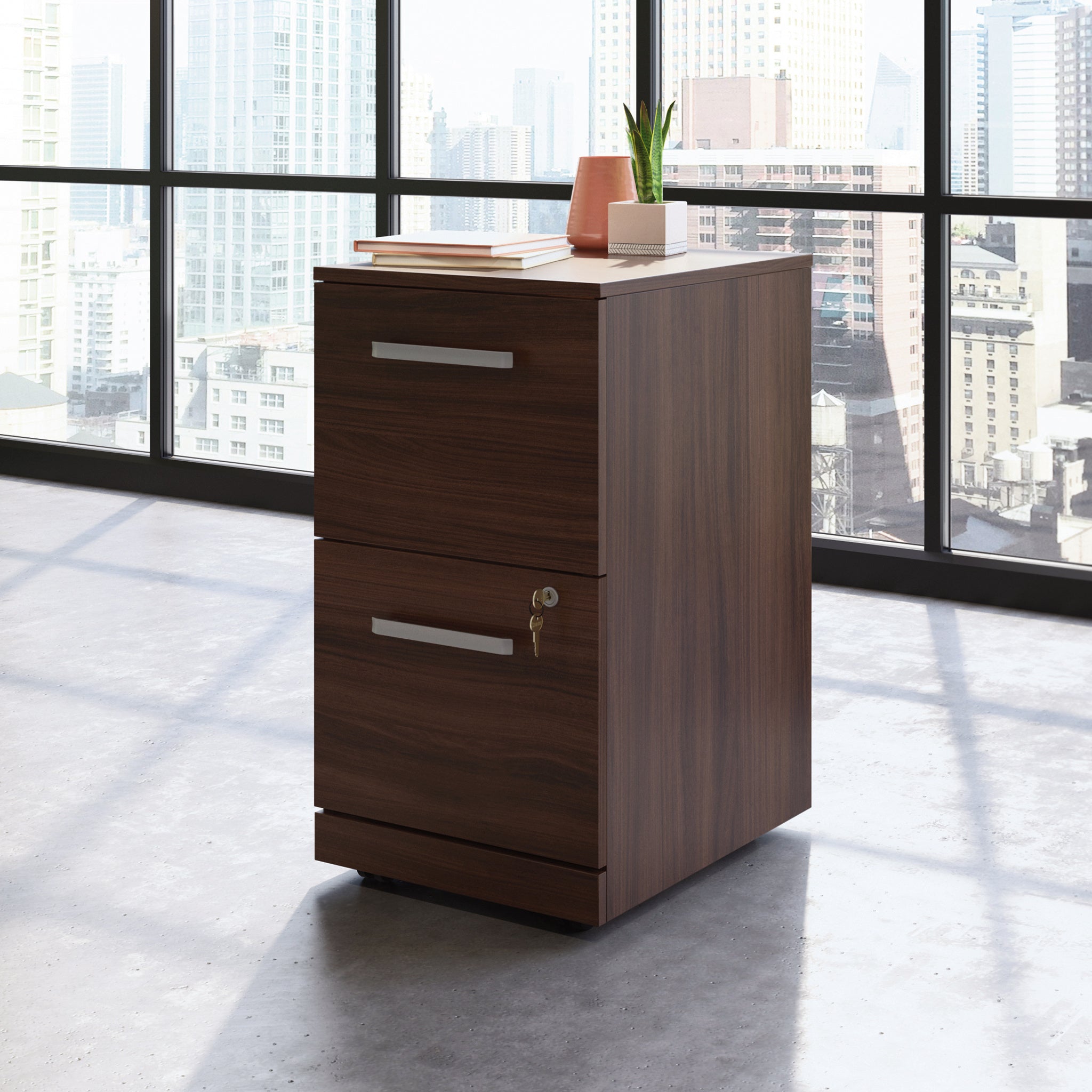 Rolling File Cabinet, 2 Drawers, Locking, 28.4 in Tall, Brown, 19.5 in Wide