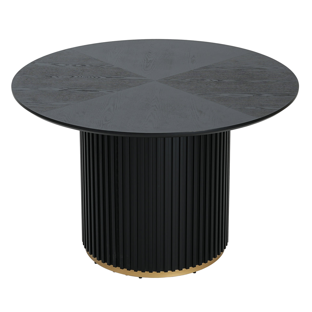 Three-quarter studio view of black round pedestal dining table with fluted cylinder base and gold base ring