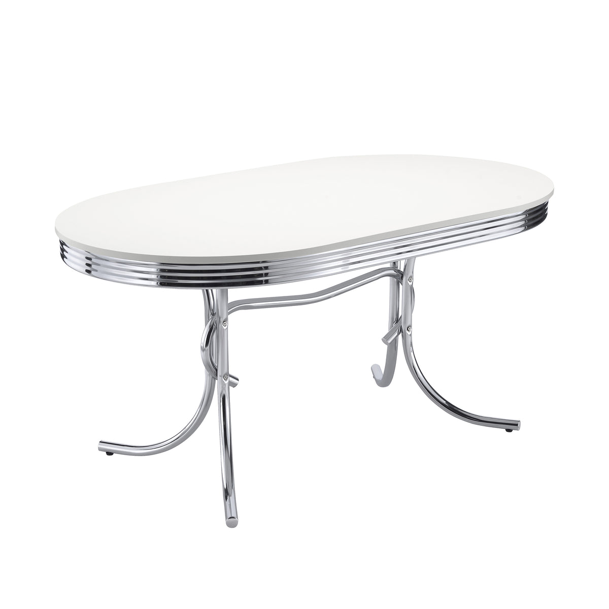 Three-quarter studio view of white and chrome retro oval dining table with ribbed chrome edge