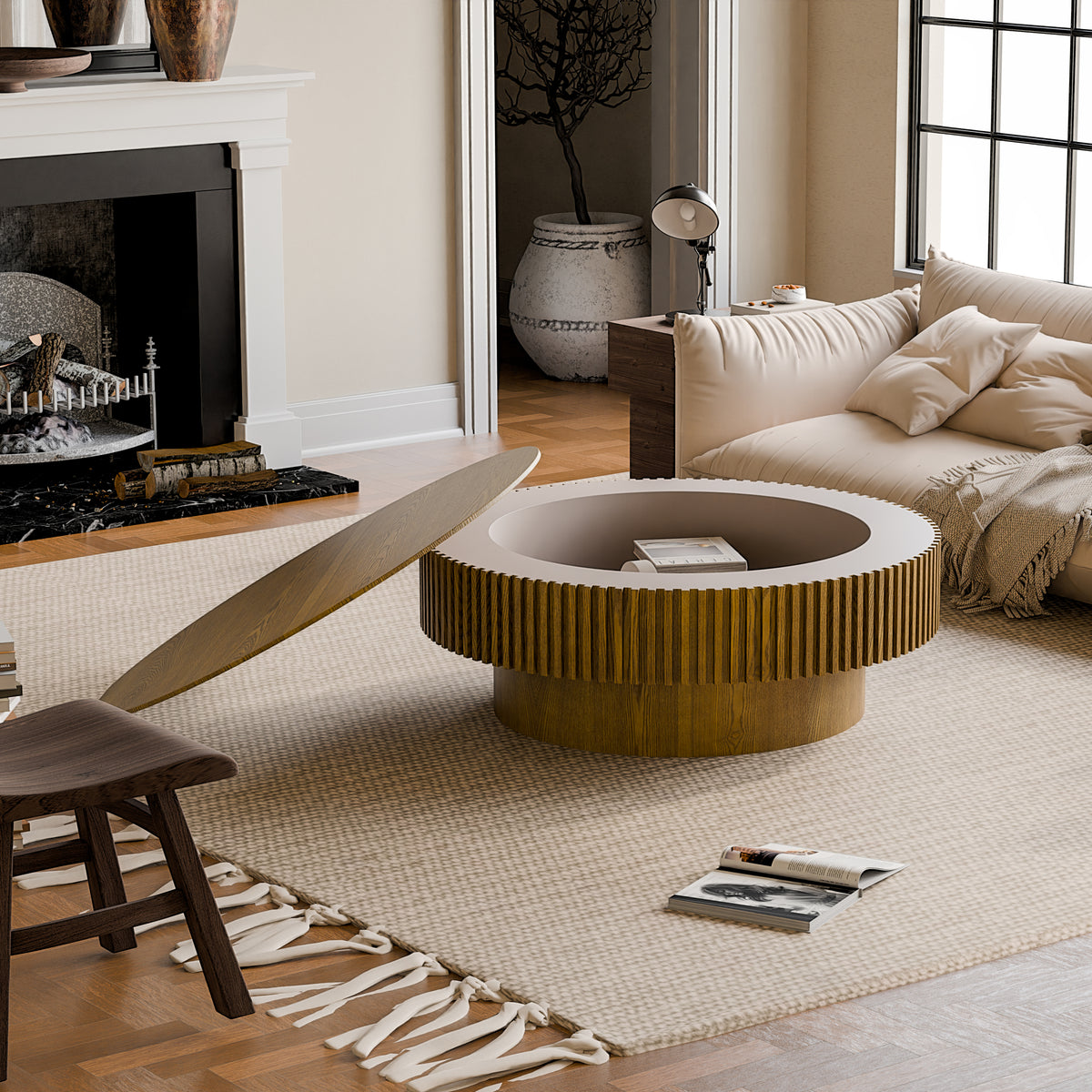 Brown Fluted Round Coffee Table with Storage, 39.4 in