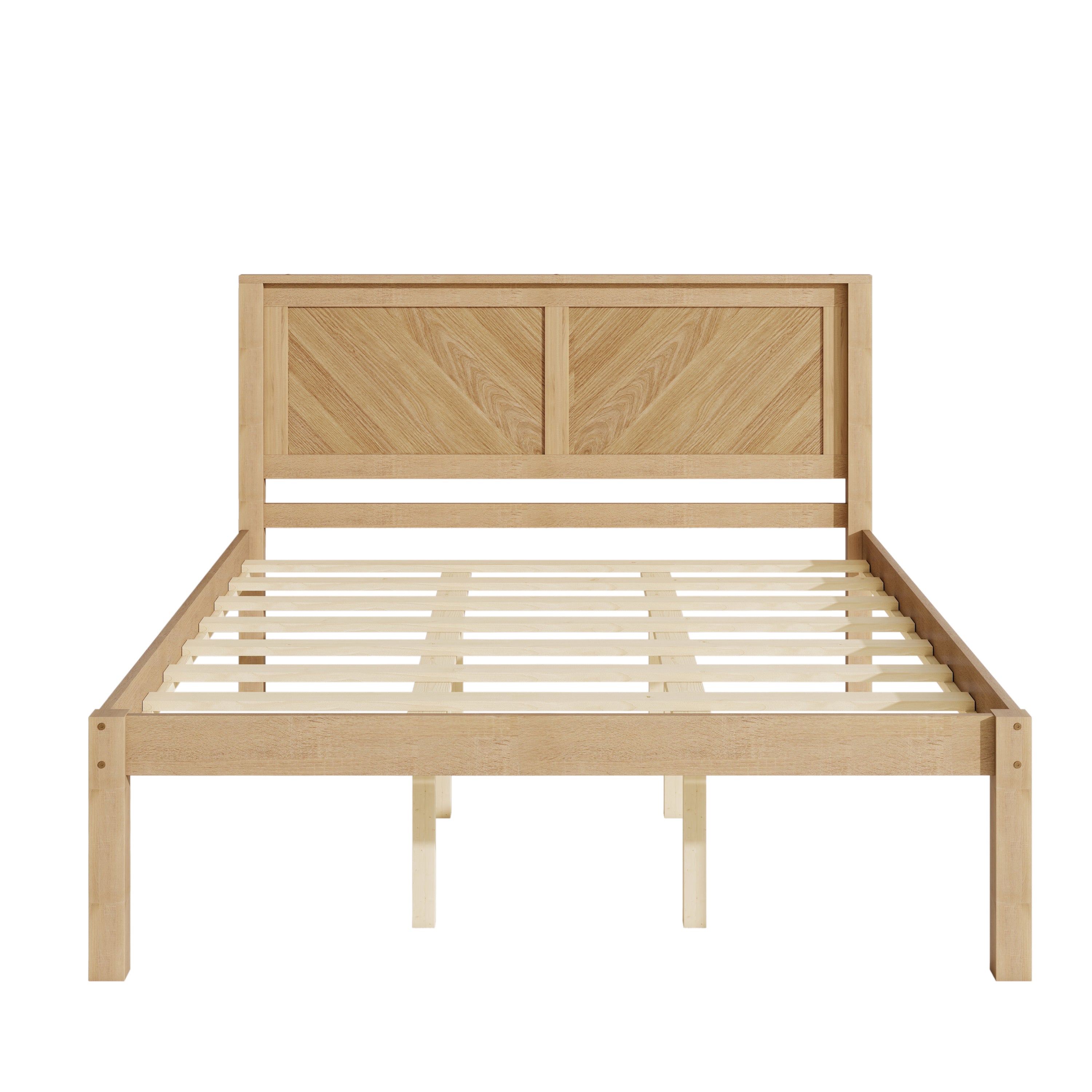Front studio view of the oak platform bed frame showing the chevron headboard and wood slat base