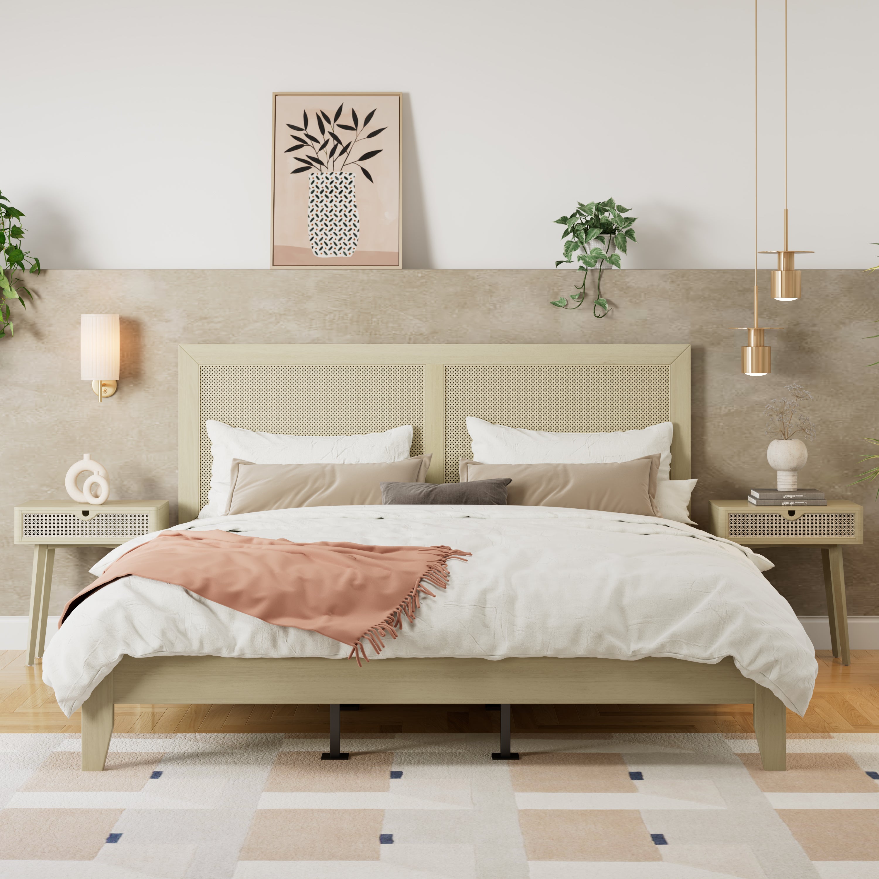 Rattan Cane California King Bed in Solid wood, Natural