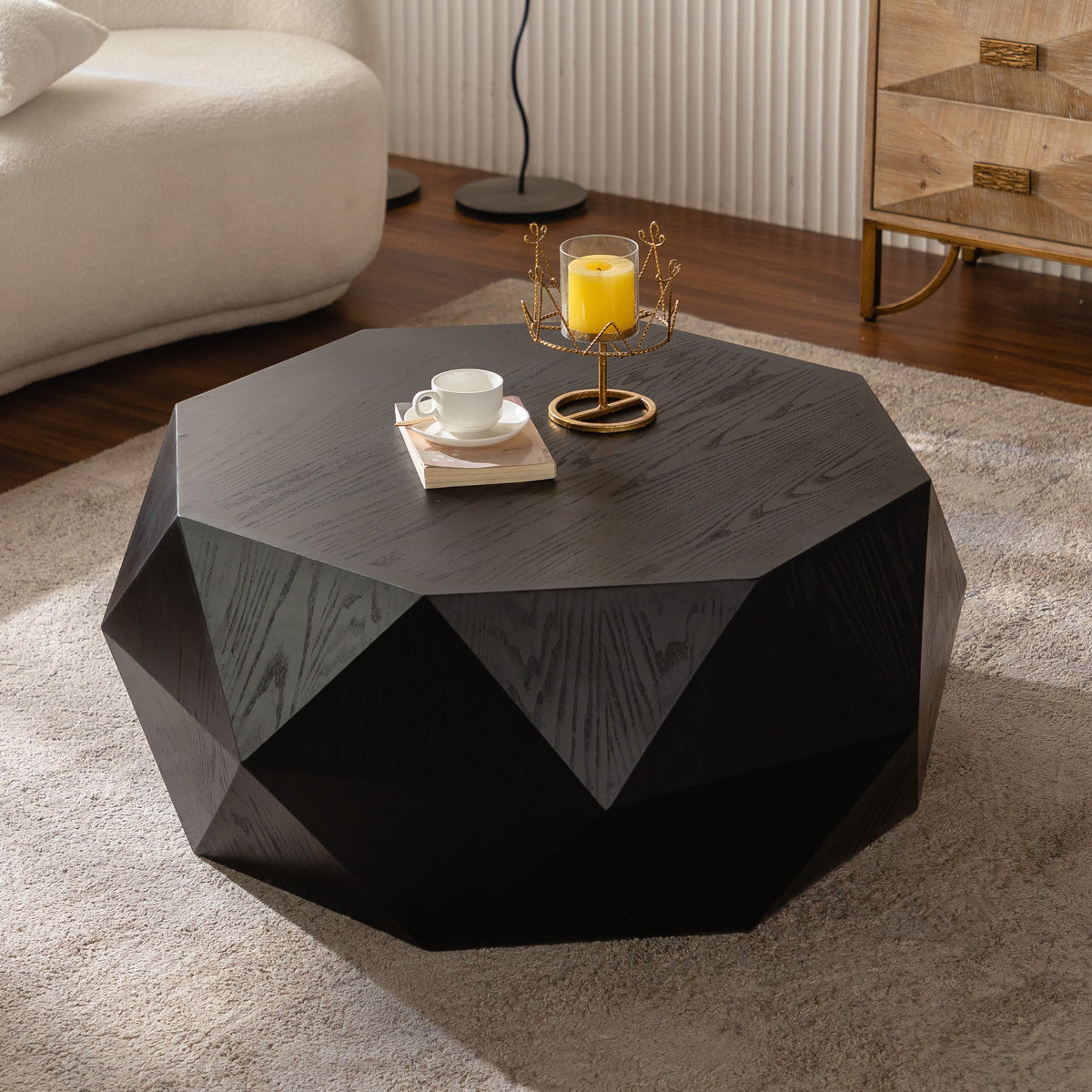 Black Geometric Drum Coffee Table, 38.2 in