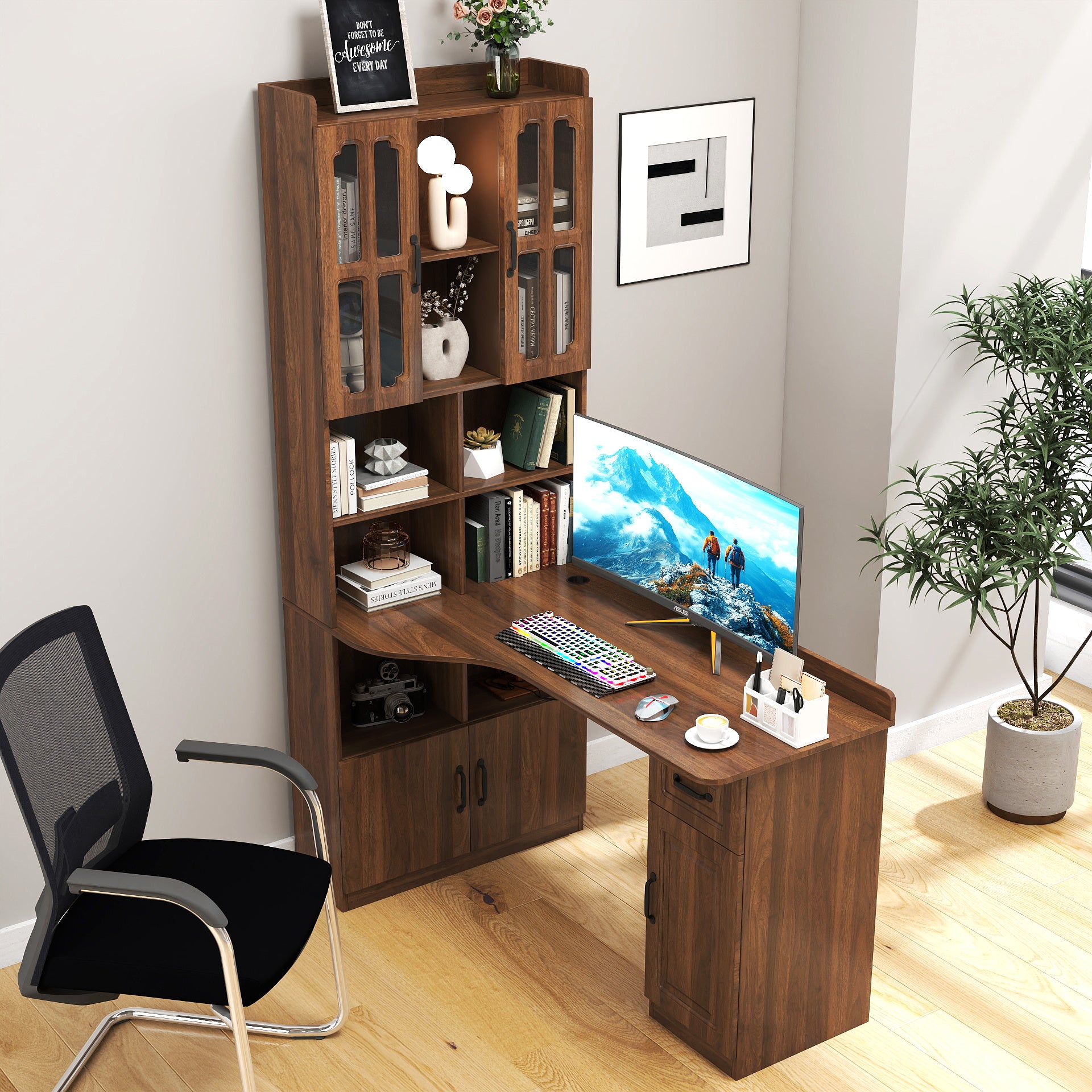 Modern Computer Desk, 1 Drawer, L-Shaped, 52.6 in, Walnut