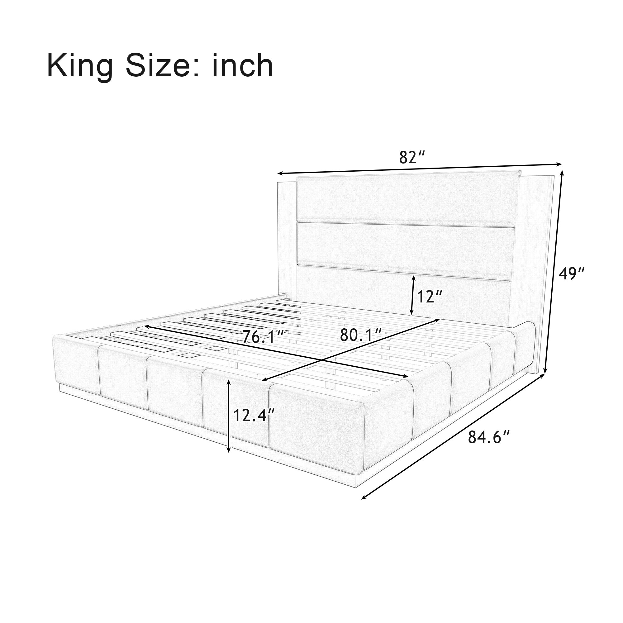 Dimension diagram of grey velvet wooden king bed frame, 82"W king size