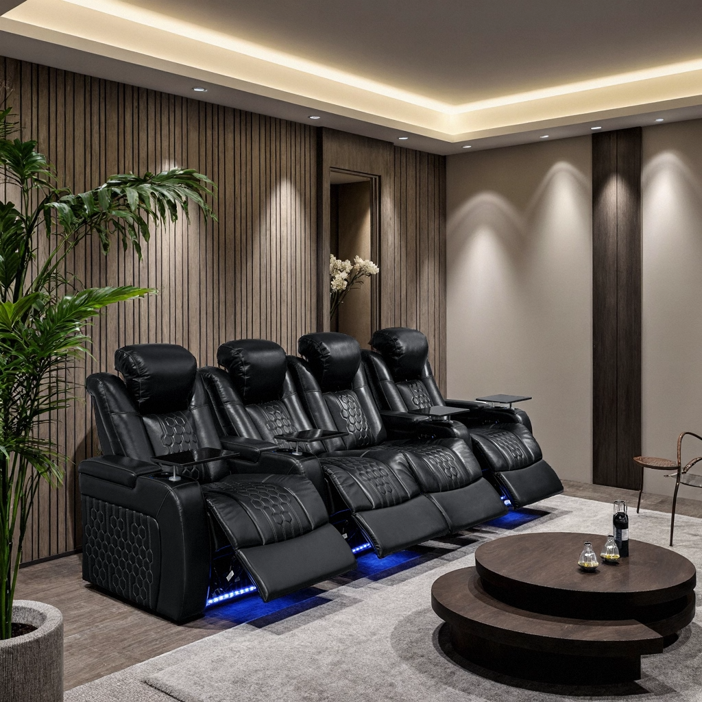 Black Top Grain Leather Power Reclining Sofa, 124.4 in, 19-Color LED