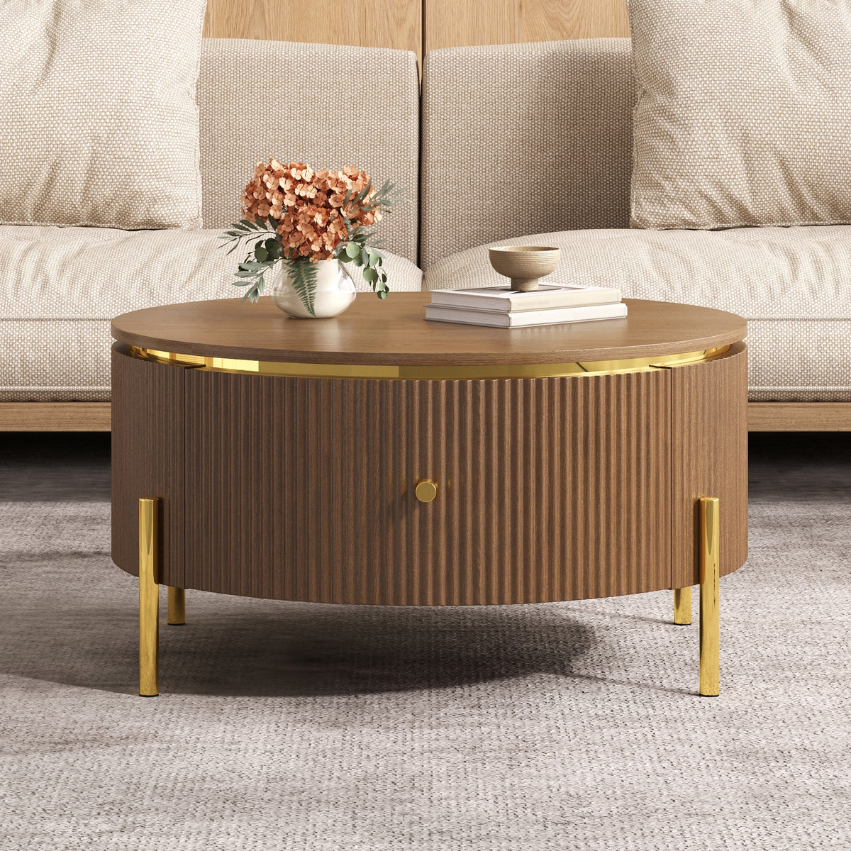 Walnut Fluted Round Coffee Table with 2 Drawers, 31.5 in