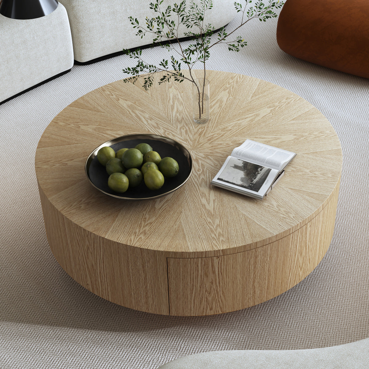 Natural Round Drum Coffee Table with Drawers, 35.4 in