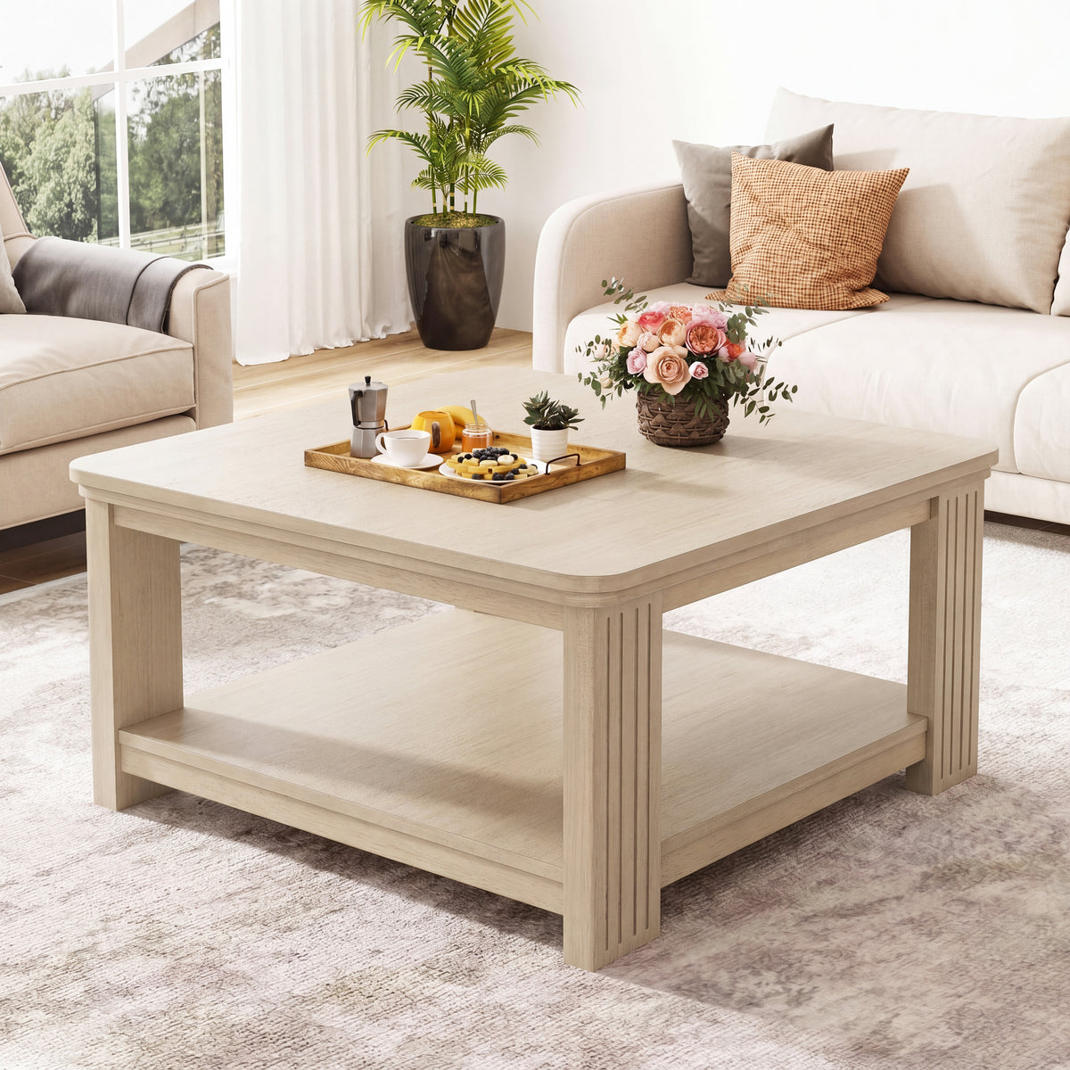 Natural Square Fluted Coffee Table with Shelf, 34.5 in