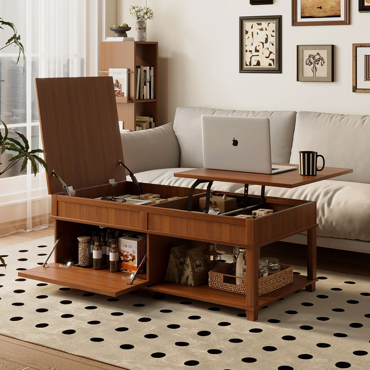 Brown Farmhouse Lift-Top Coffee Table with Storage and Shelf, 46.9 in
