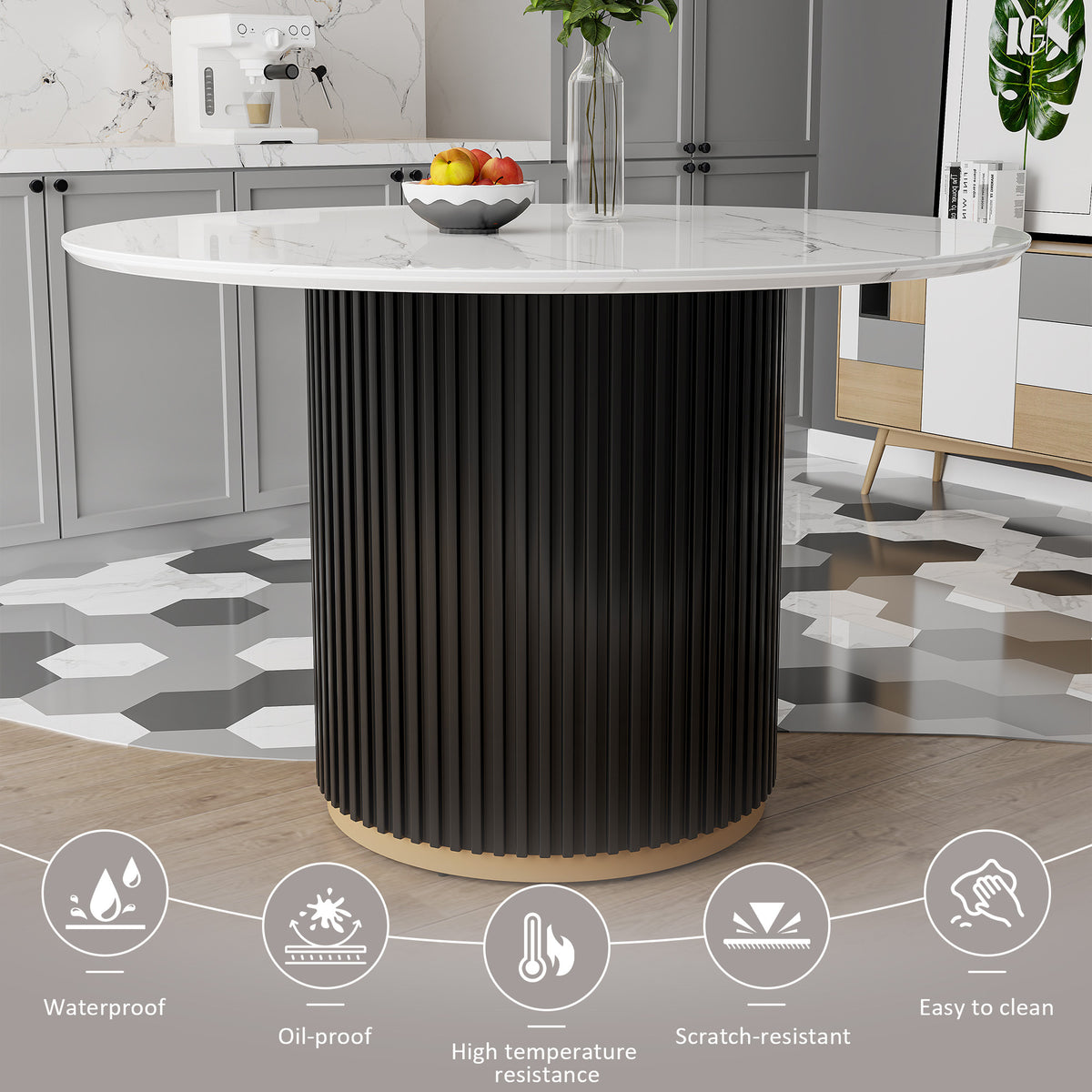 Feature graphic listing waterproof, oil-proof, heat-resistant, scratch-resistant and easy-clean top