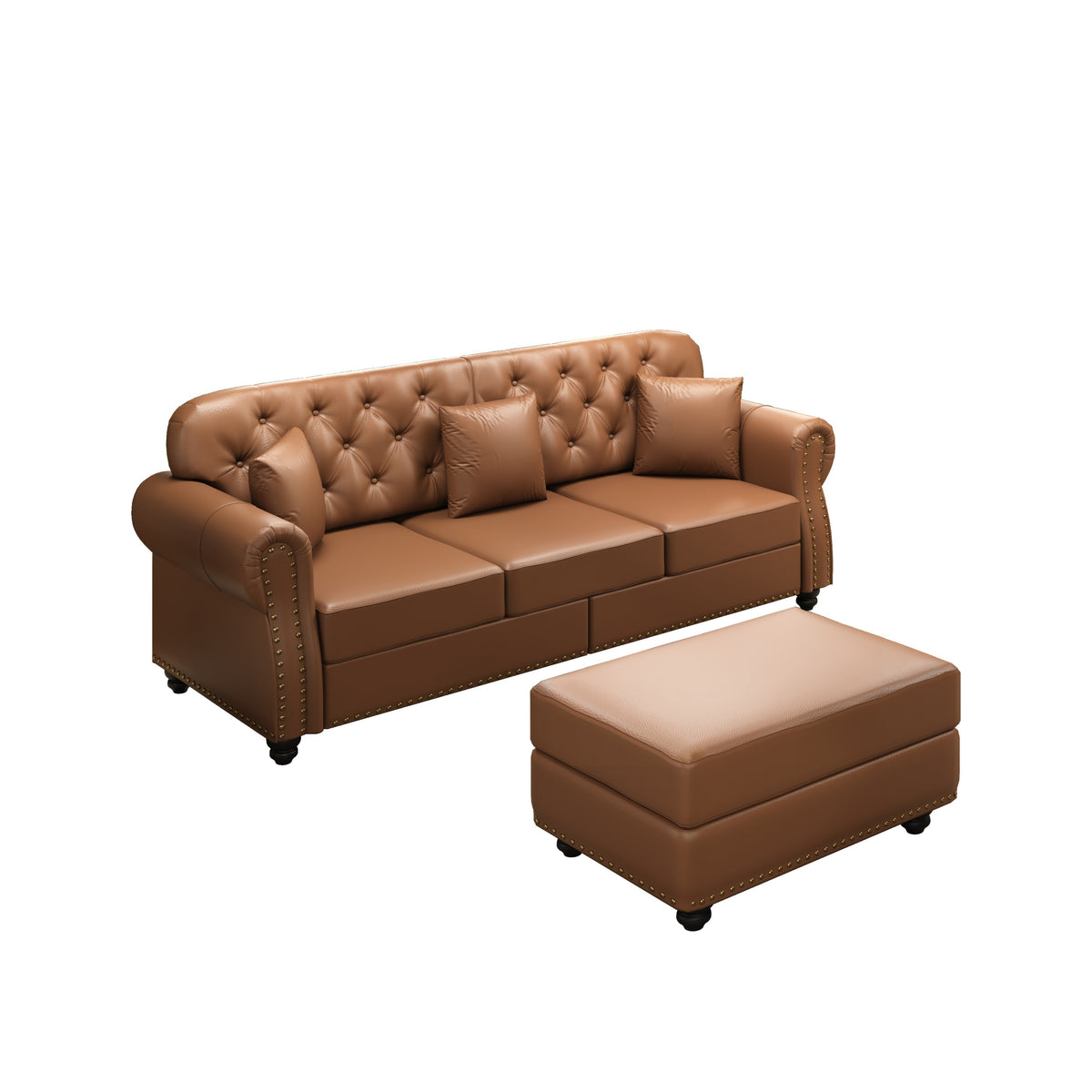 Brown Vegan Leather 5-Seat Chesterfield Sofa