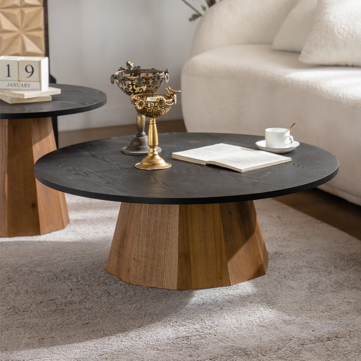 Black and Natural Round Pedestal Coffee Table, 35 in