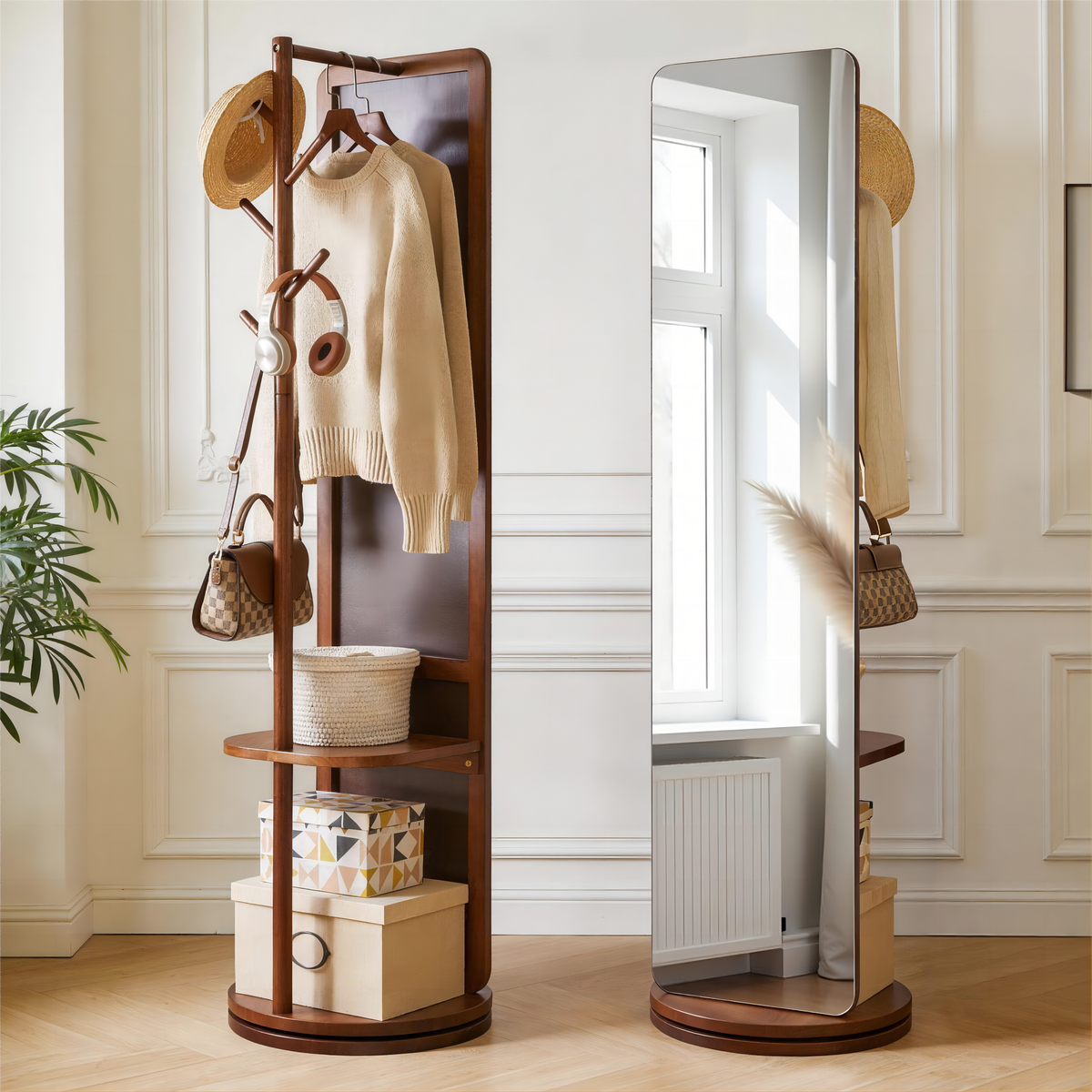 Standing Mirror with Coat Rack, 68.9 in Solid Wood, Walnut