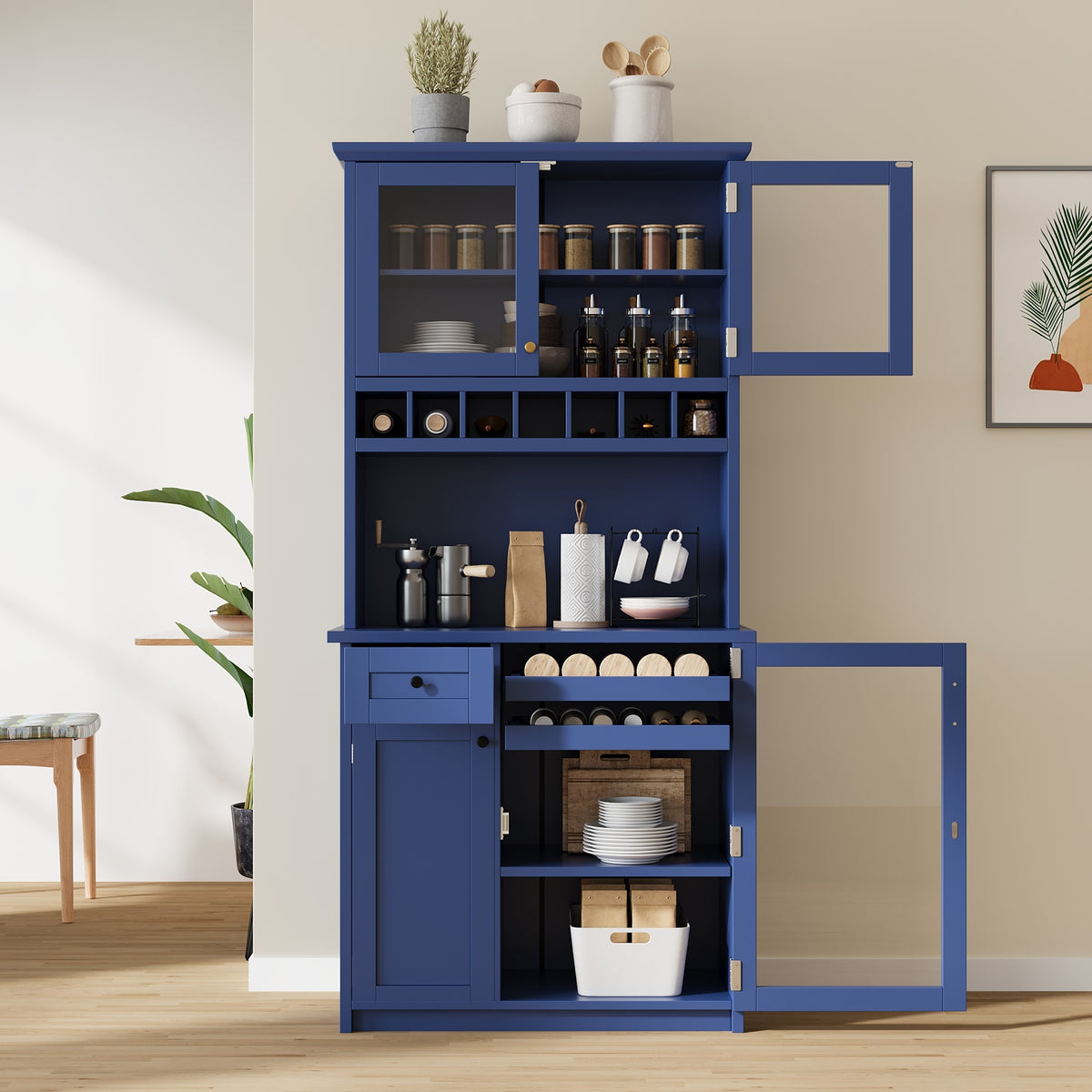 Farmhouse Buffet with Hutch, Blue, Wine Rack and Glass Doors