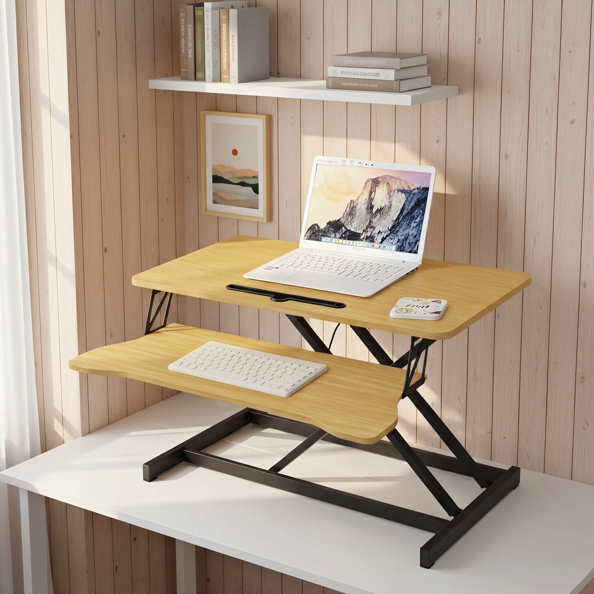 Standing Desk Converter, Keyboard Tray, 32 in, Natural