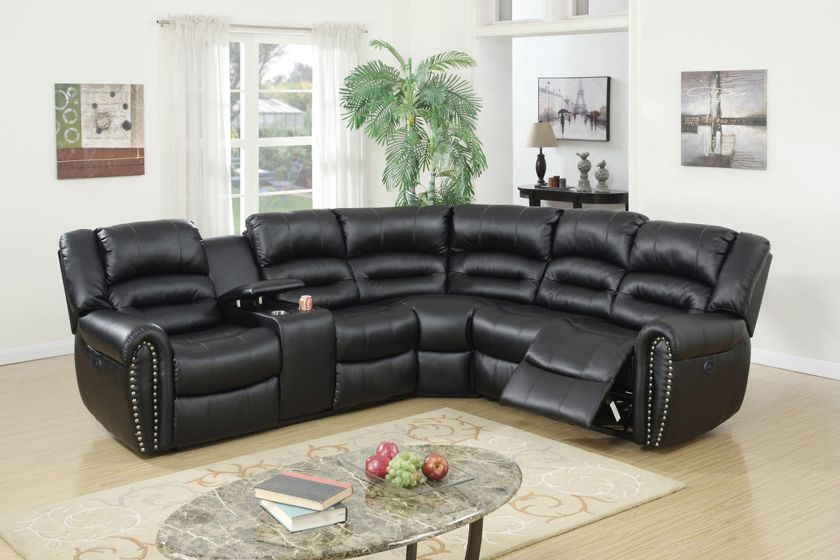 Black Bonded Leather L-Shaped Reclining Sectional, 111 in Wide