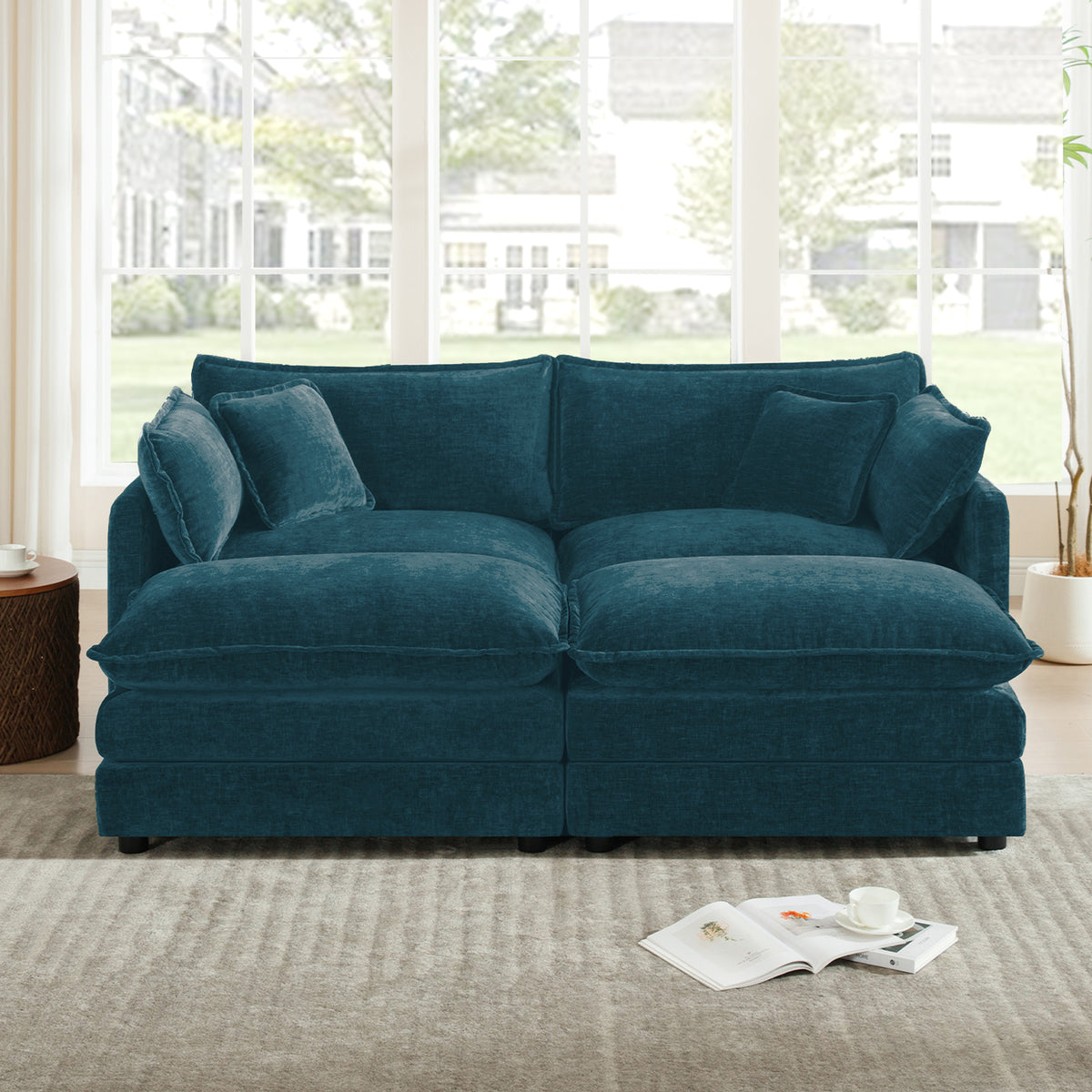 Blue Chenille 2-Seat Sectional with 2 Ottomans