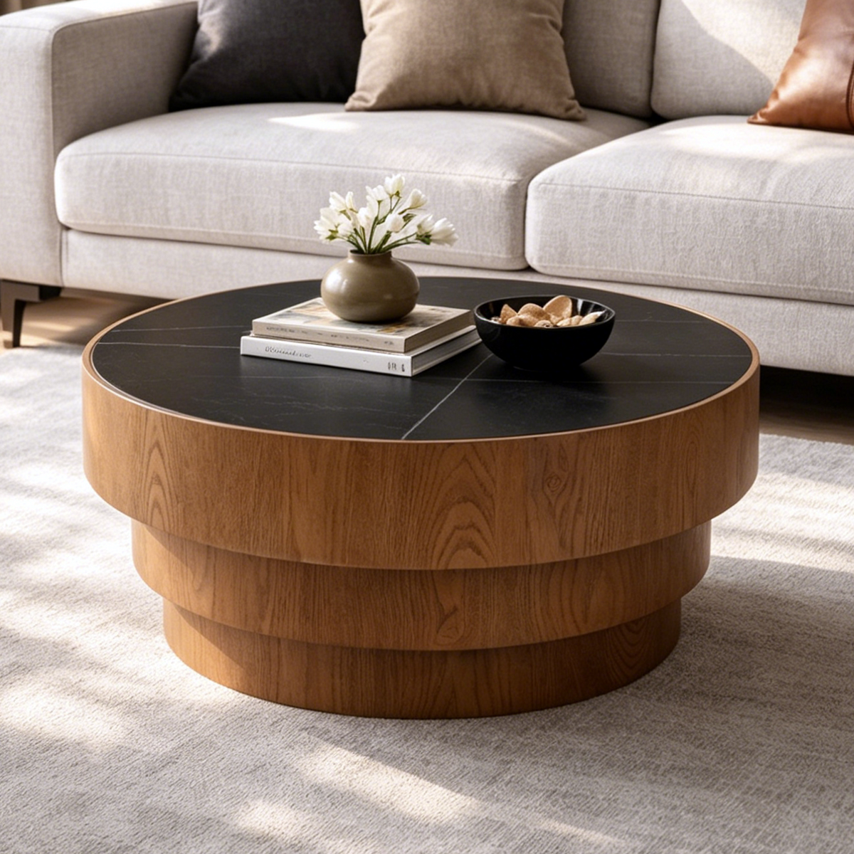 Walnut and Black Sintered Stone Tiered Round Coffee Table, 31.5 in
