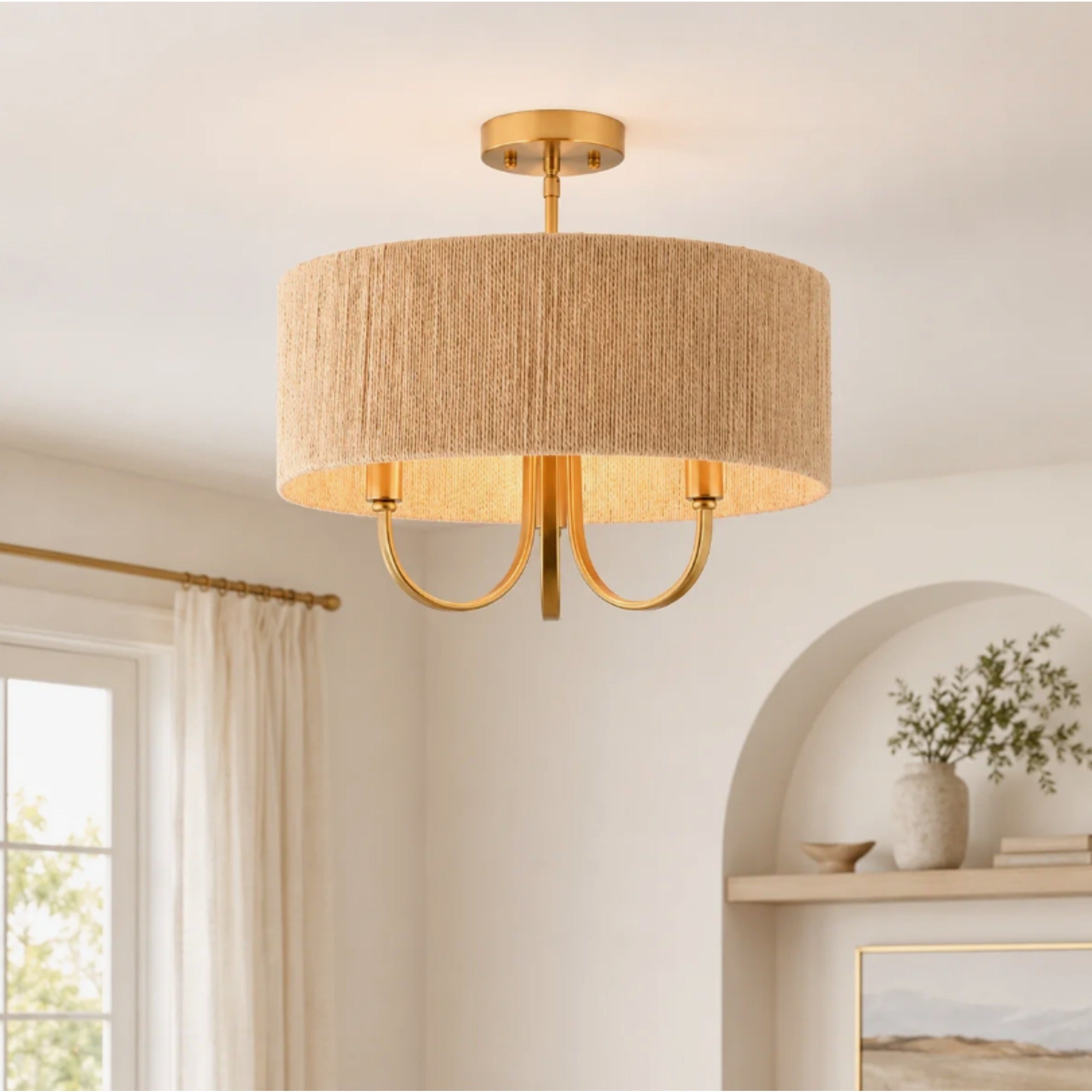 Flush Mount Chandelier with Rattan Shade, 3-Light, Antique Natural