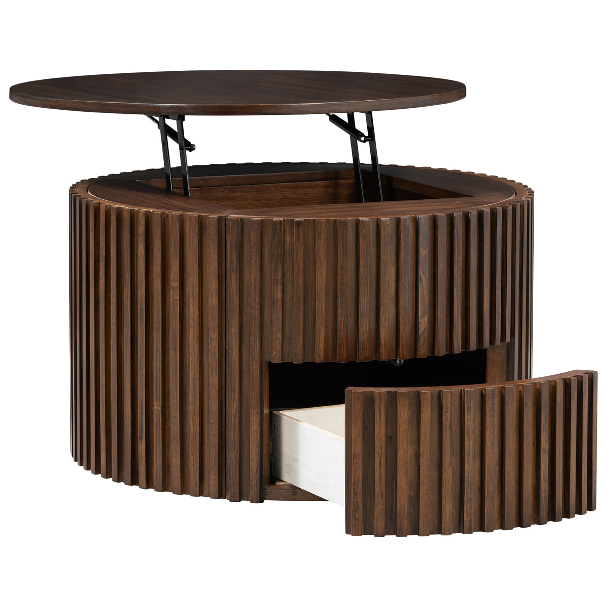 Walnut Fluted Round Drum Lift-Top Coffee Table with Drawer, 29.8 in
