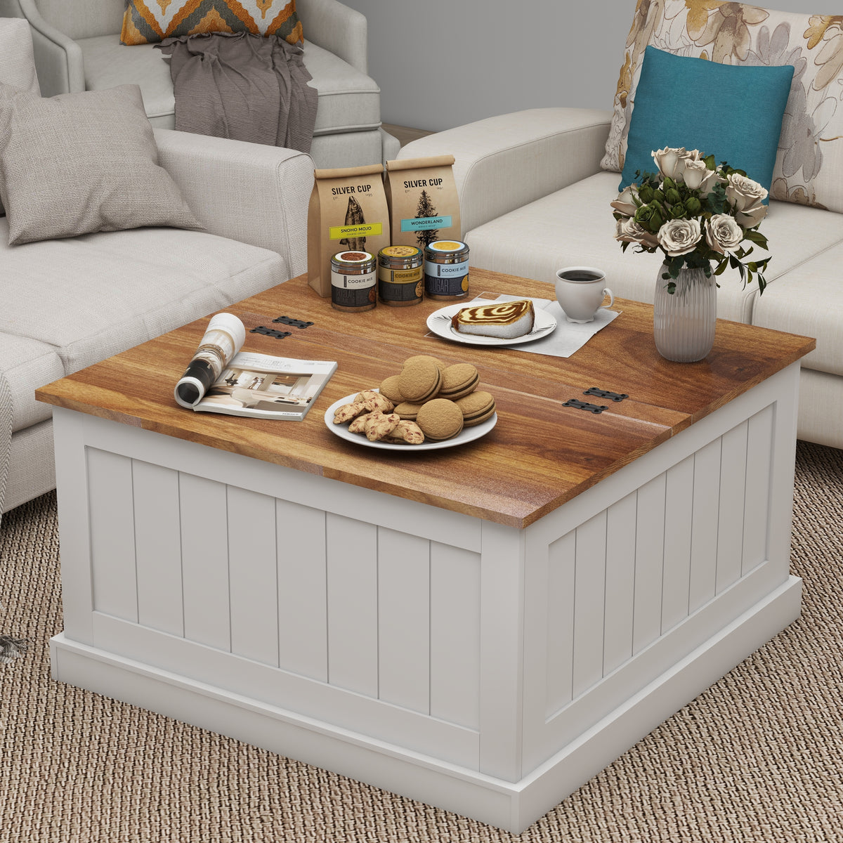 White and Brown Farmhouse Square Lift-Top Coffee Table, 31.5 in
