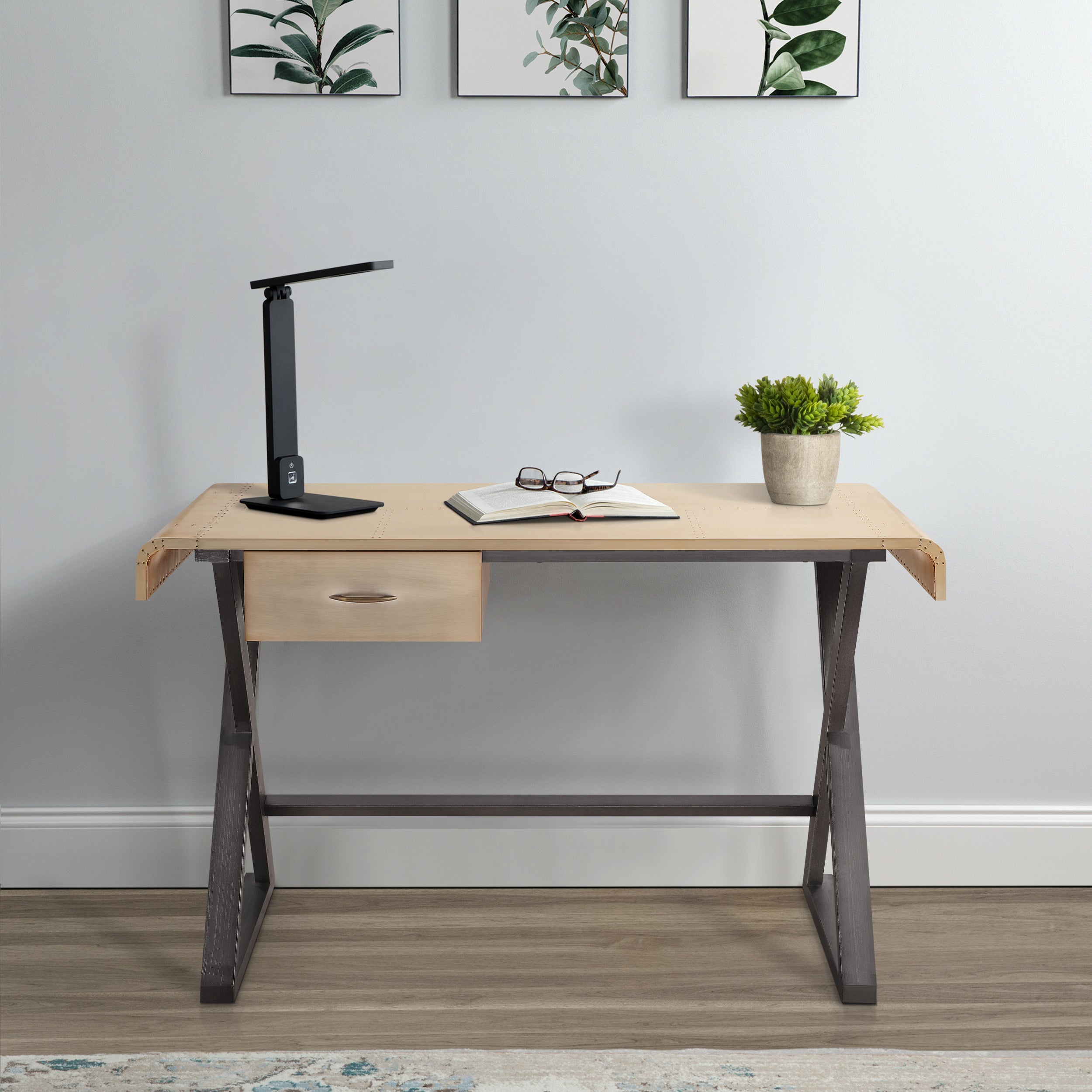 Modern Writing Desk, 50.5 in, Gold Aluminum and Gray
