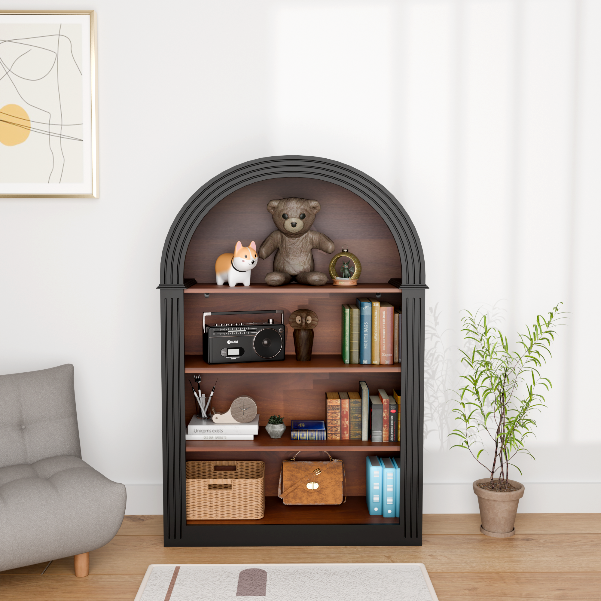 Arched Bookcase, 4 Shelves, 45.7 in Tall, Black
